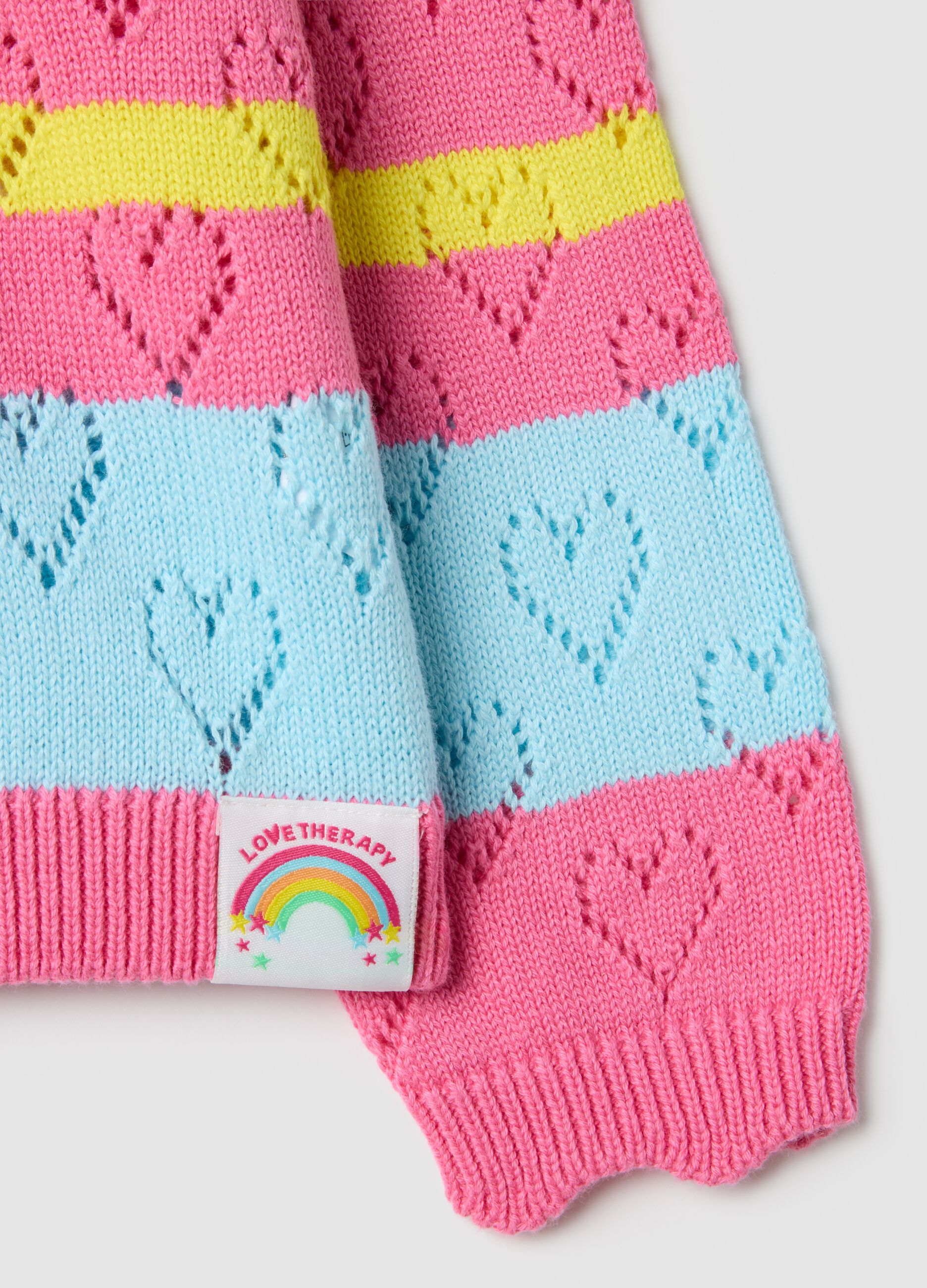 Girl's regular fit pure cotton jumper with multicolour stripes and hearts