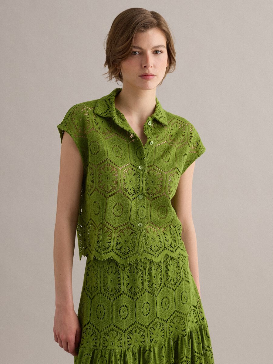 Green crochet polo shirt with classic collar, regular fit_0
