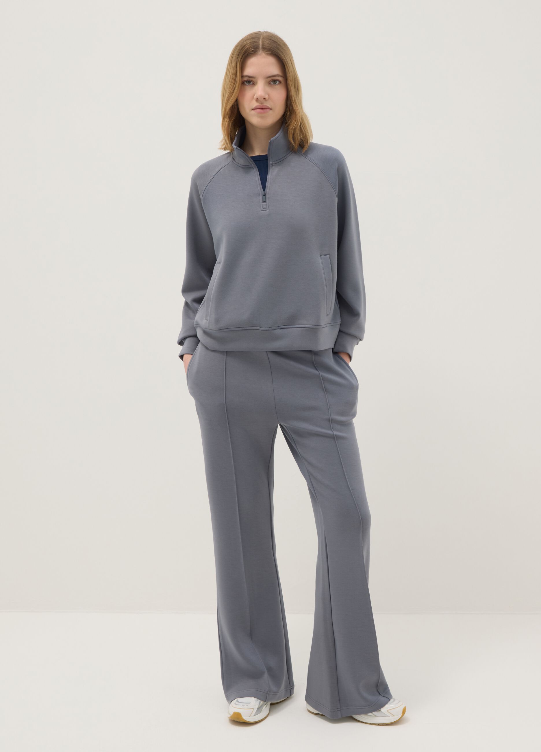 Grey regular fit modal blend sweatshirt with half zip