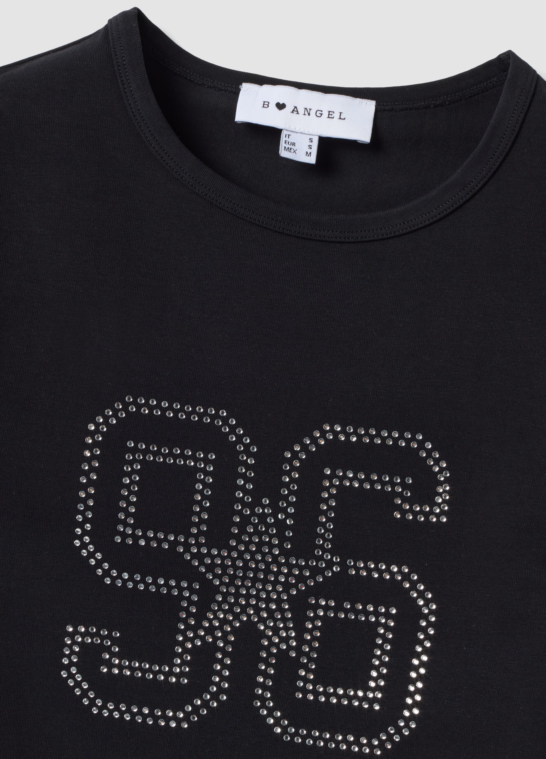 Black fitted stretch cotton T-shirt with rhinestone embellishments
