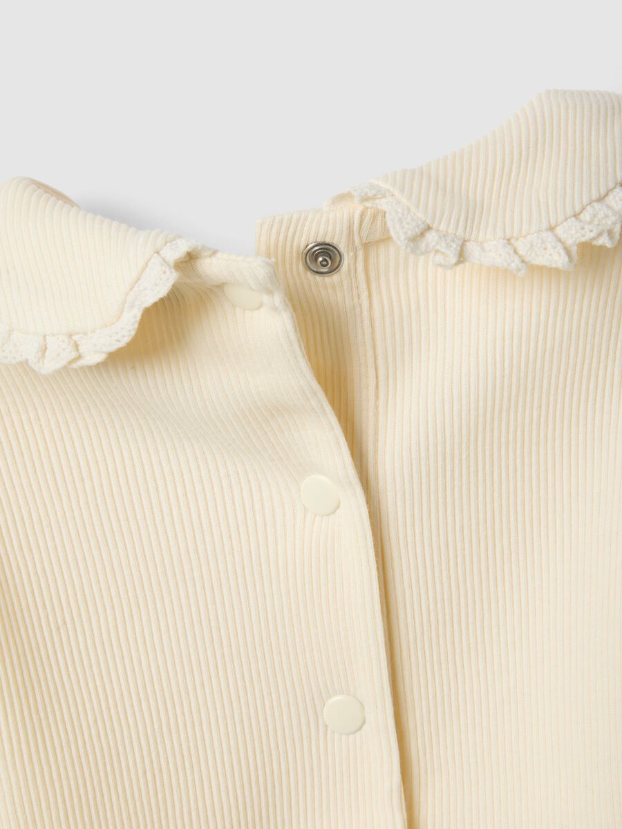 Baby's pure cotton beige striped bodysuit with ruched collar_2