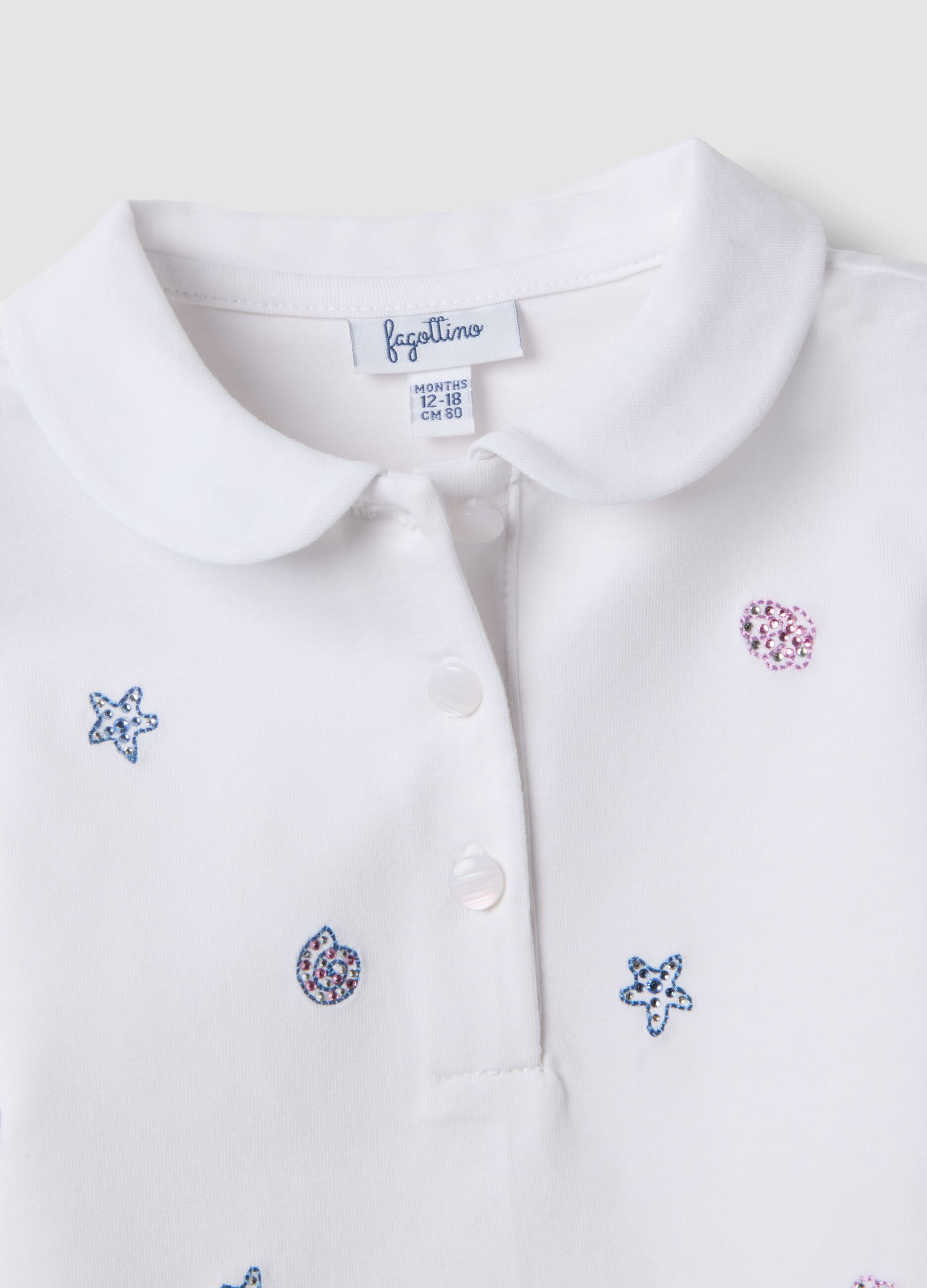 White stretch cotton polo shirt with classic collar for baby girl, regular fit