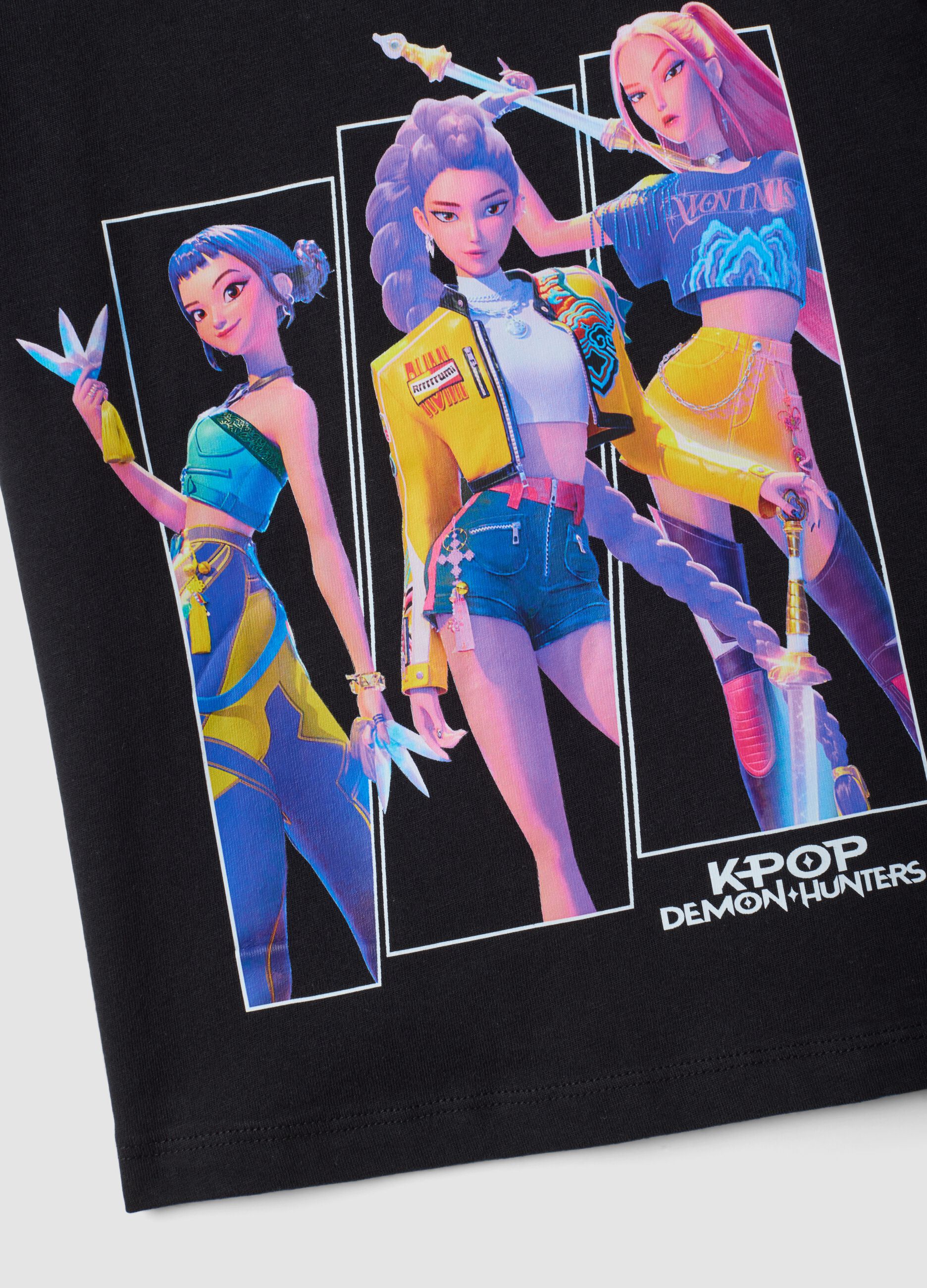 Black pure cotton T-shirt with K-Pop Demon Hunters print for girls
