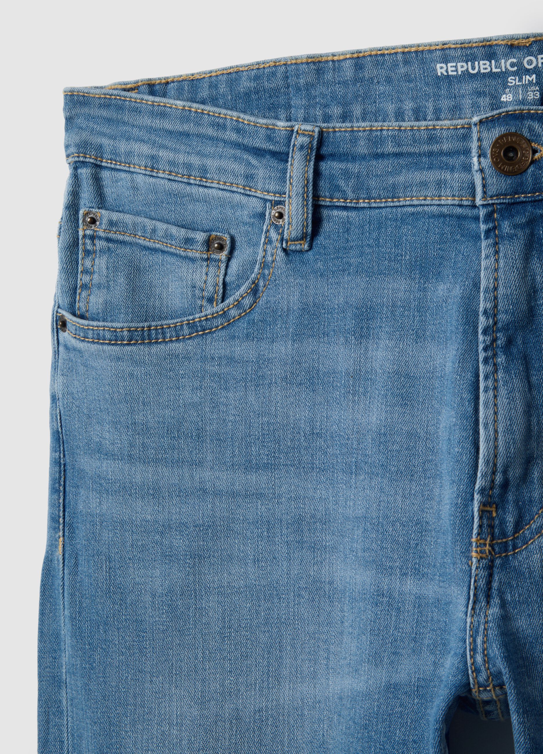 Light blue slim-fit stretch cotton jeans with five pockets