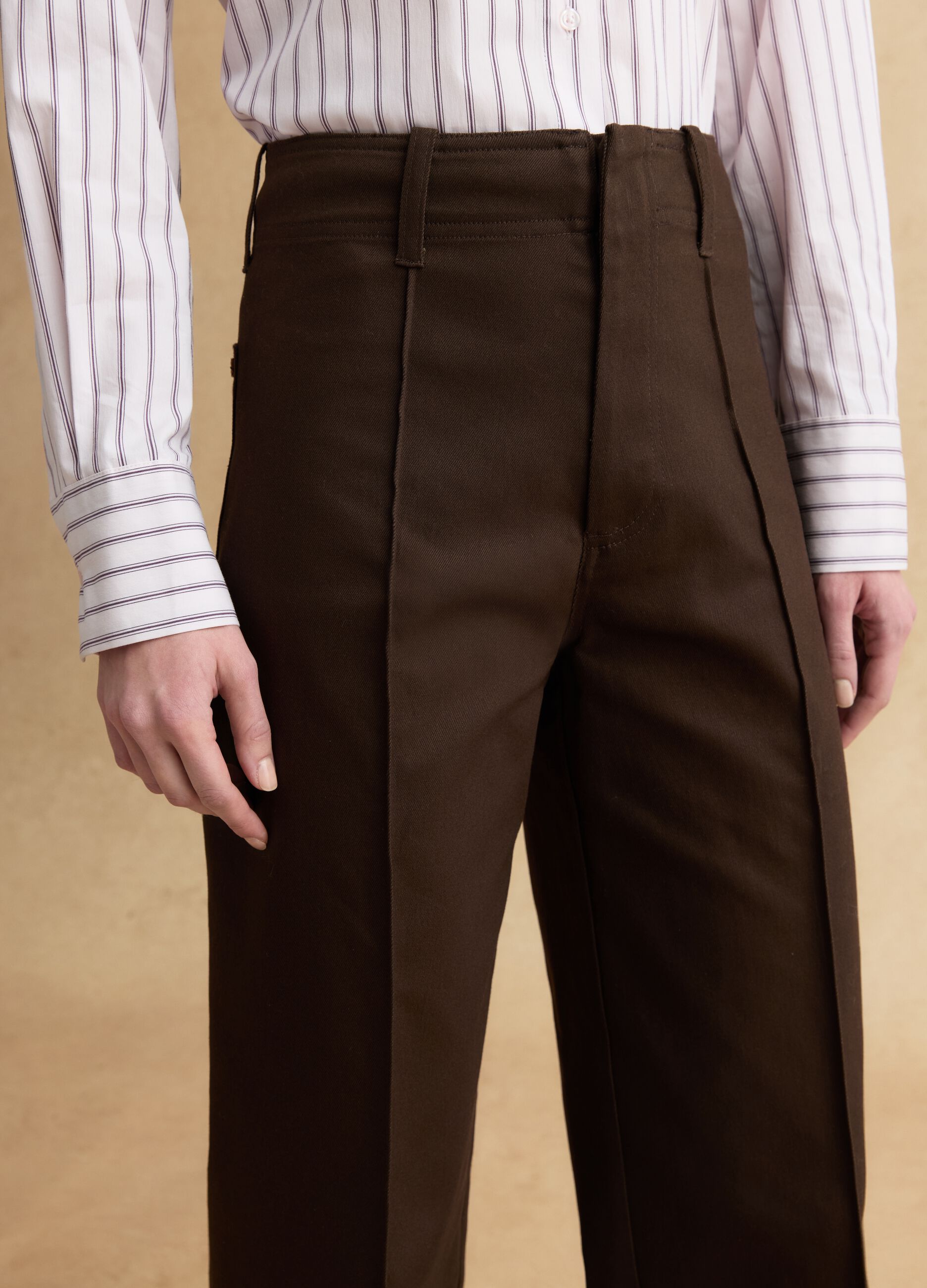 Brown regular fit straight cotton blend trousers