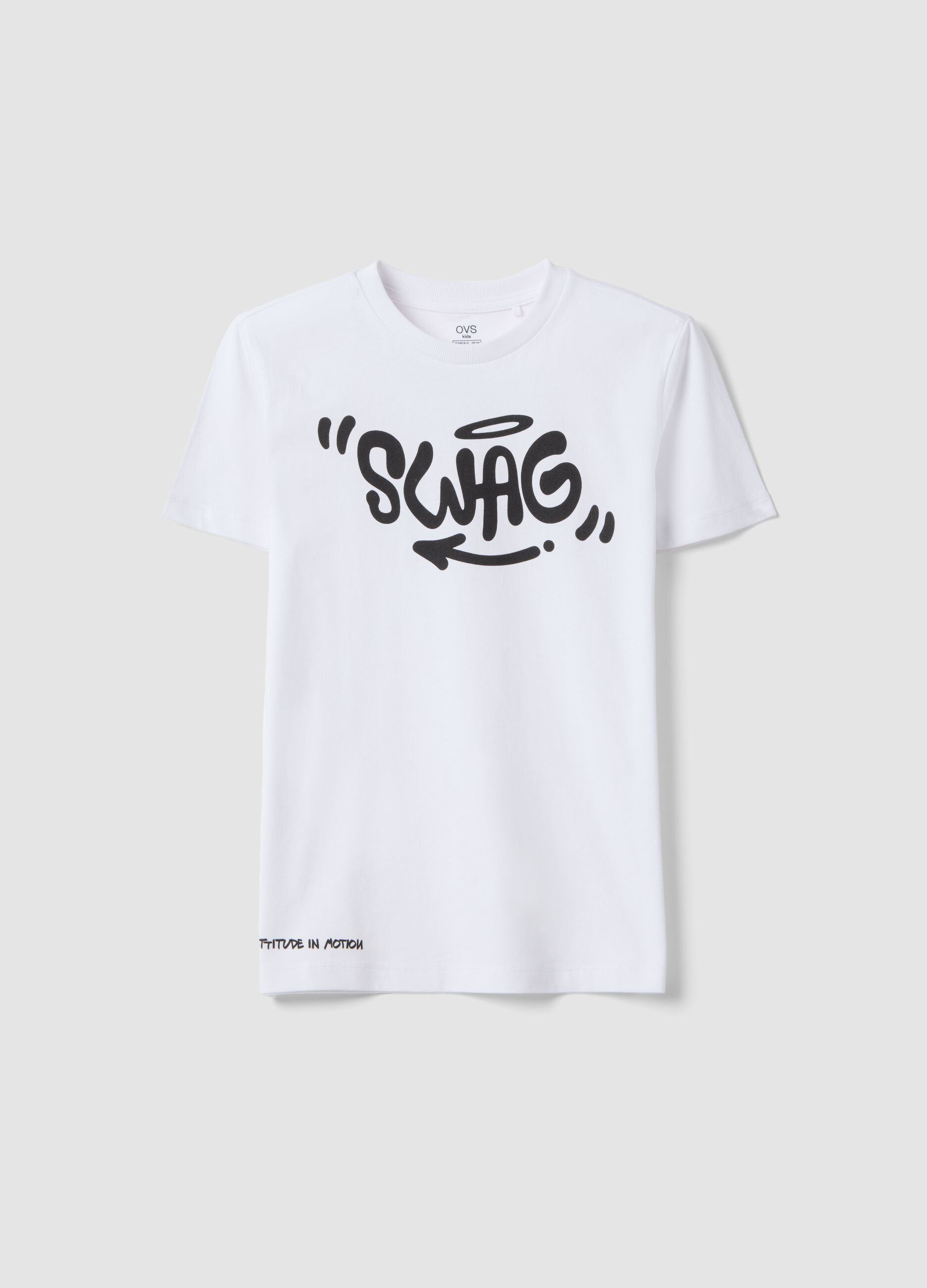 Boys' white pure cotton T-shirt regular fit with Swag print
