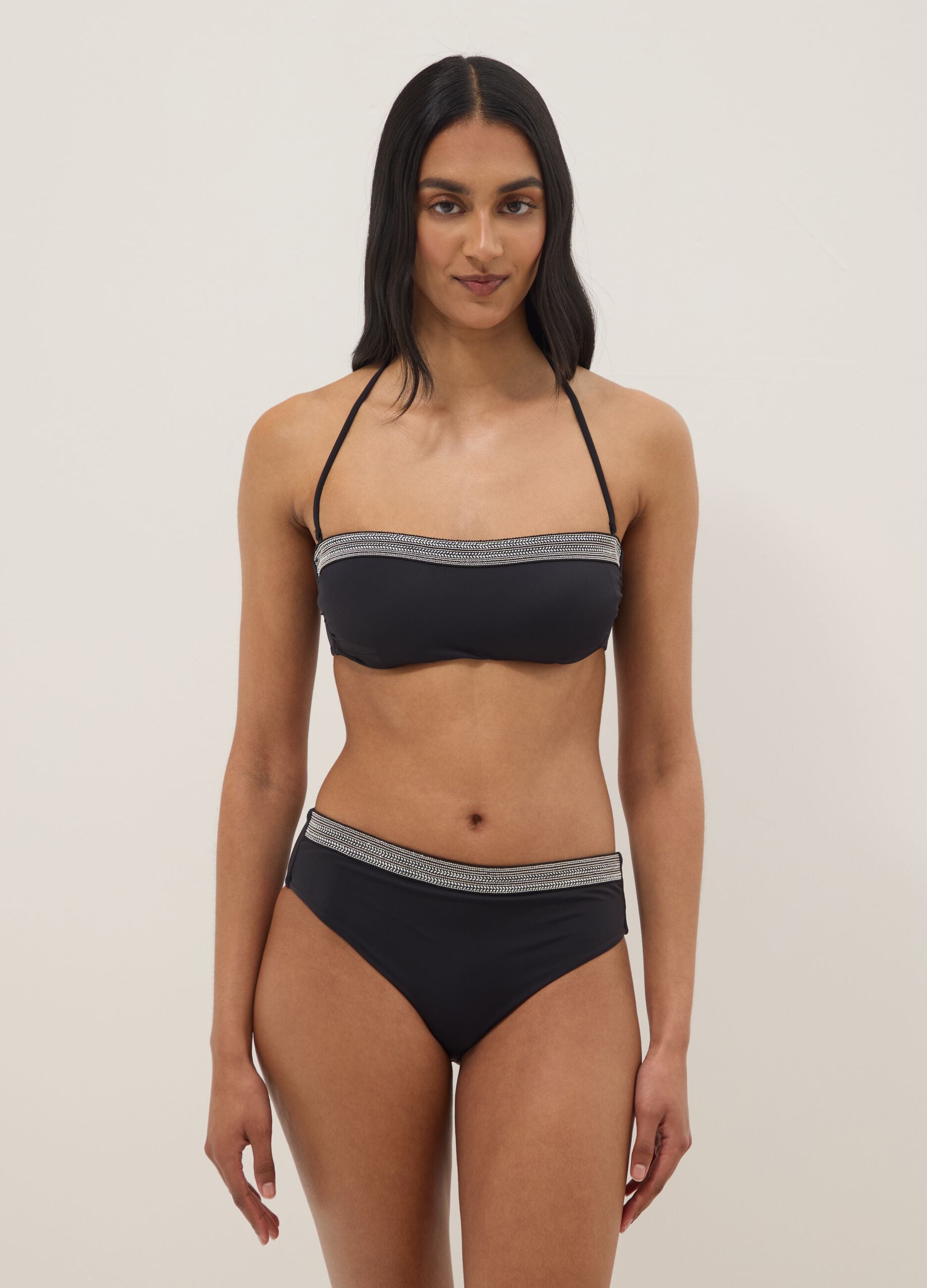 Black stretch bandeau bikini top with beaded detail
