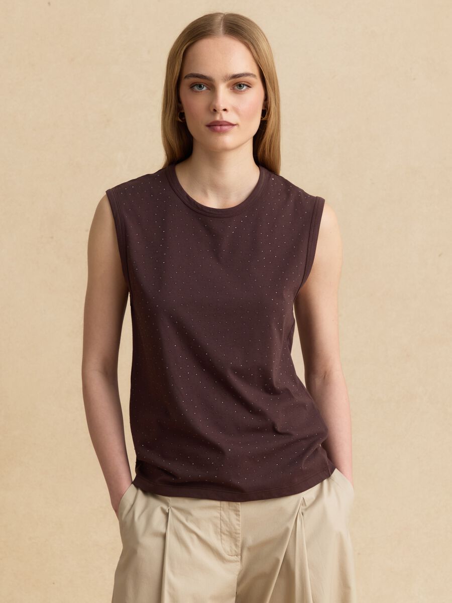 Top senza maniche fitted marrone in misto cotone_0