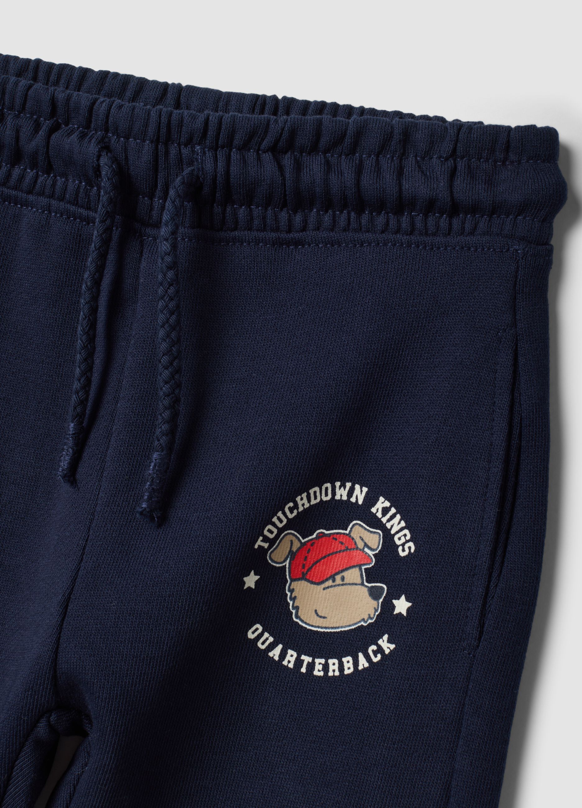 Pantaloni jogger blu in puro cotone con stampa cagnolino per bimbo