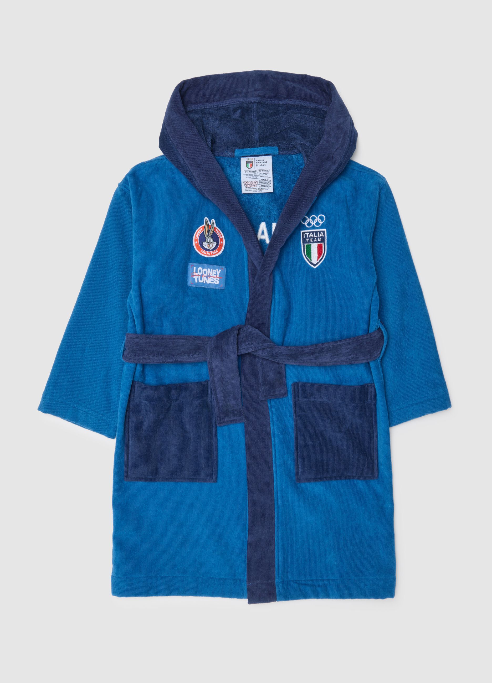 Blue children's hooded bathrobe in pure cotton with print