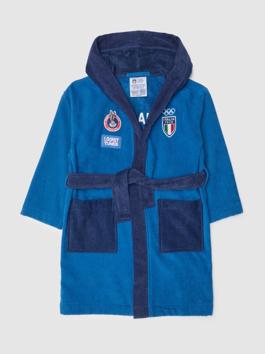 Blue children's hooded bathrobe in pure cotton with print_0