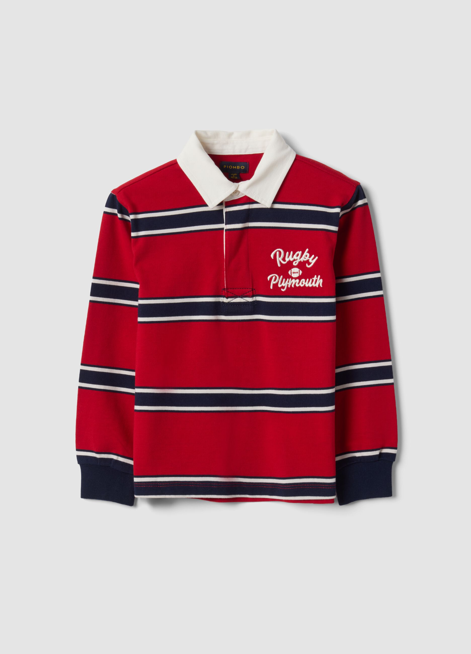 Boys&rsquo; red striped pure cotton rugby polo, regular fit