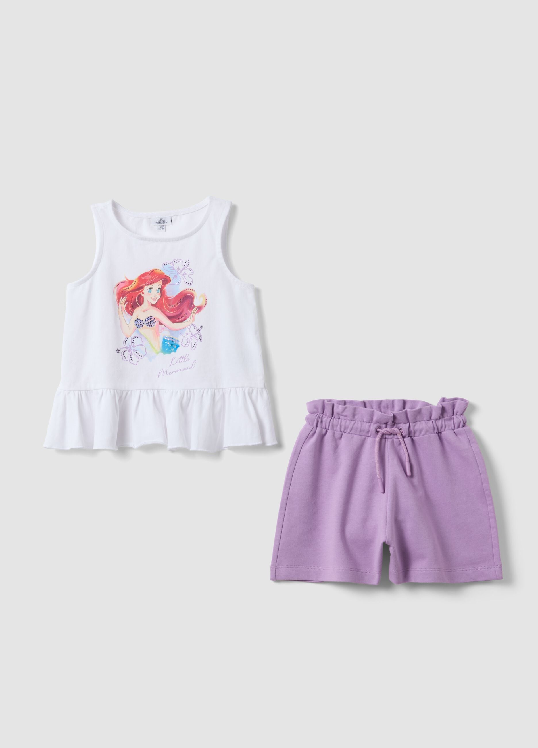 White and purple stretch cotton set with top and shorts