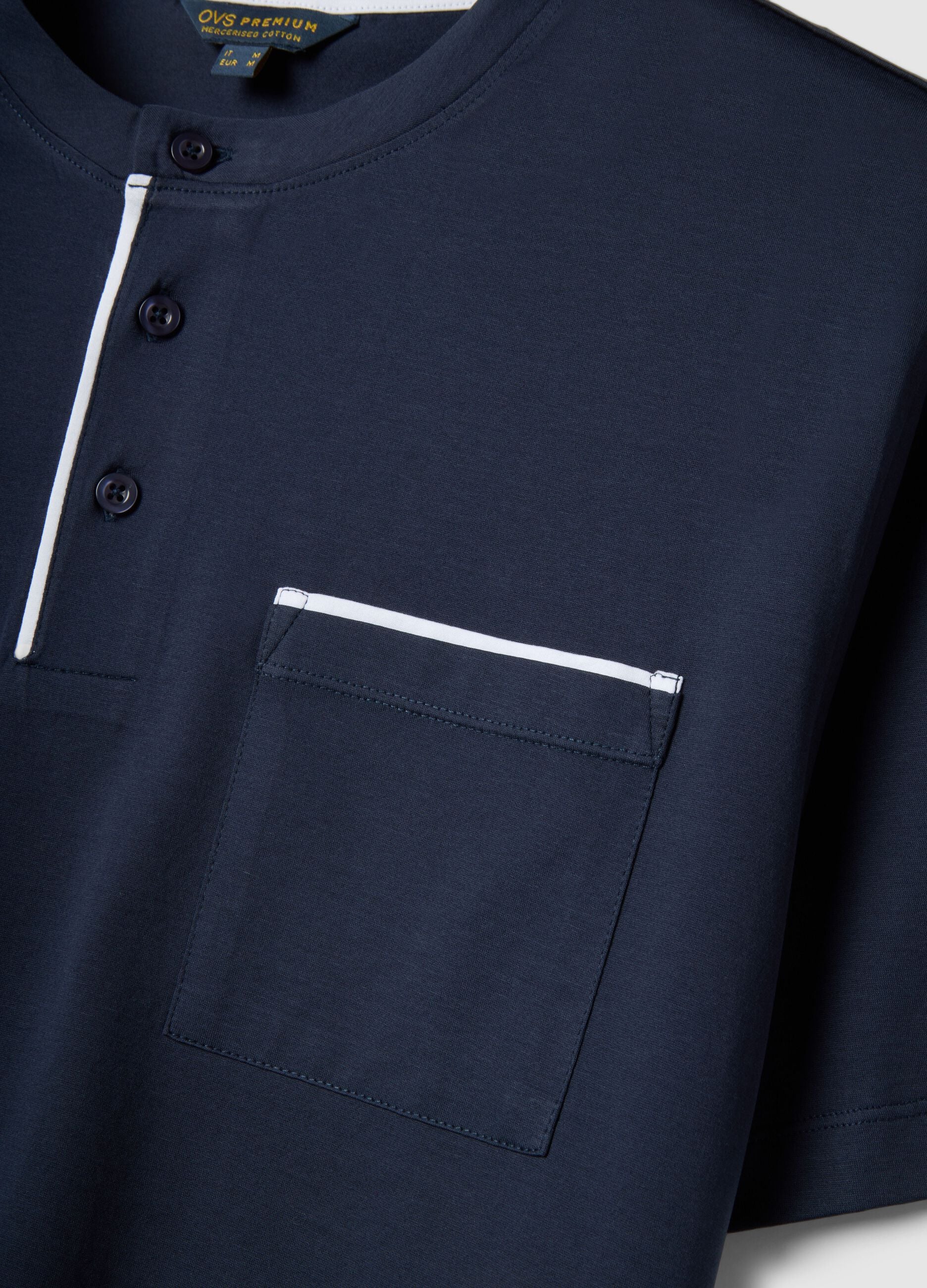 Regular fit short blue cotton pyjamas with Henley collar