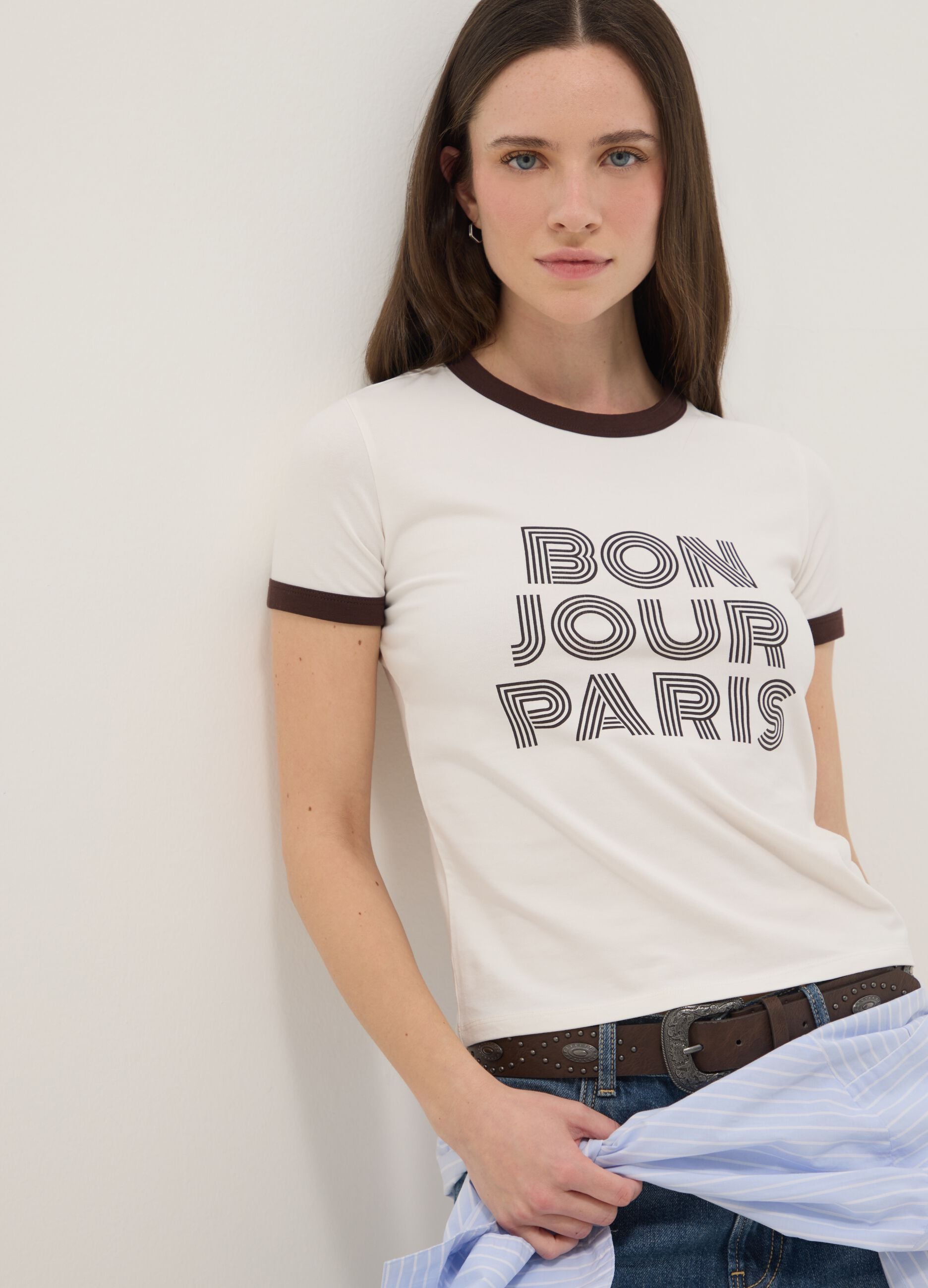 White stretch cotton regular fit T-shirt with print