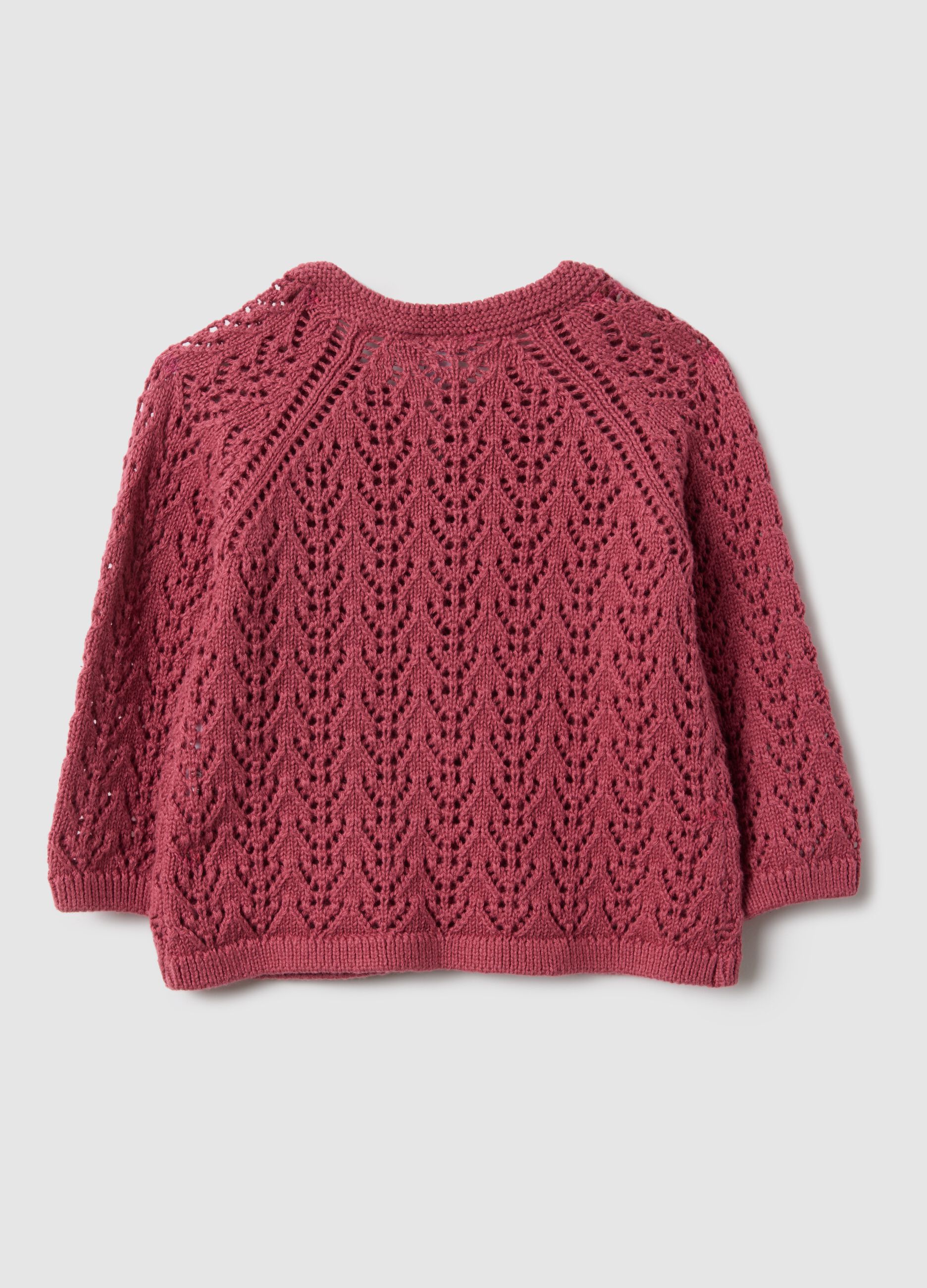 Newborn girl's regular fit pink pure cotton cardigan with perforated design