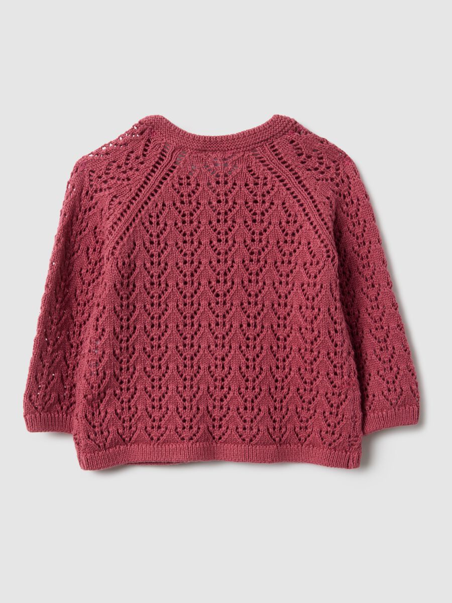 Newborn girl's regular fit pink pure cotton cardigan with perforated design_1