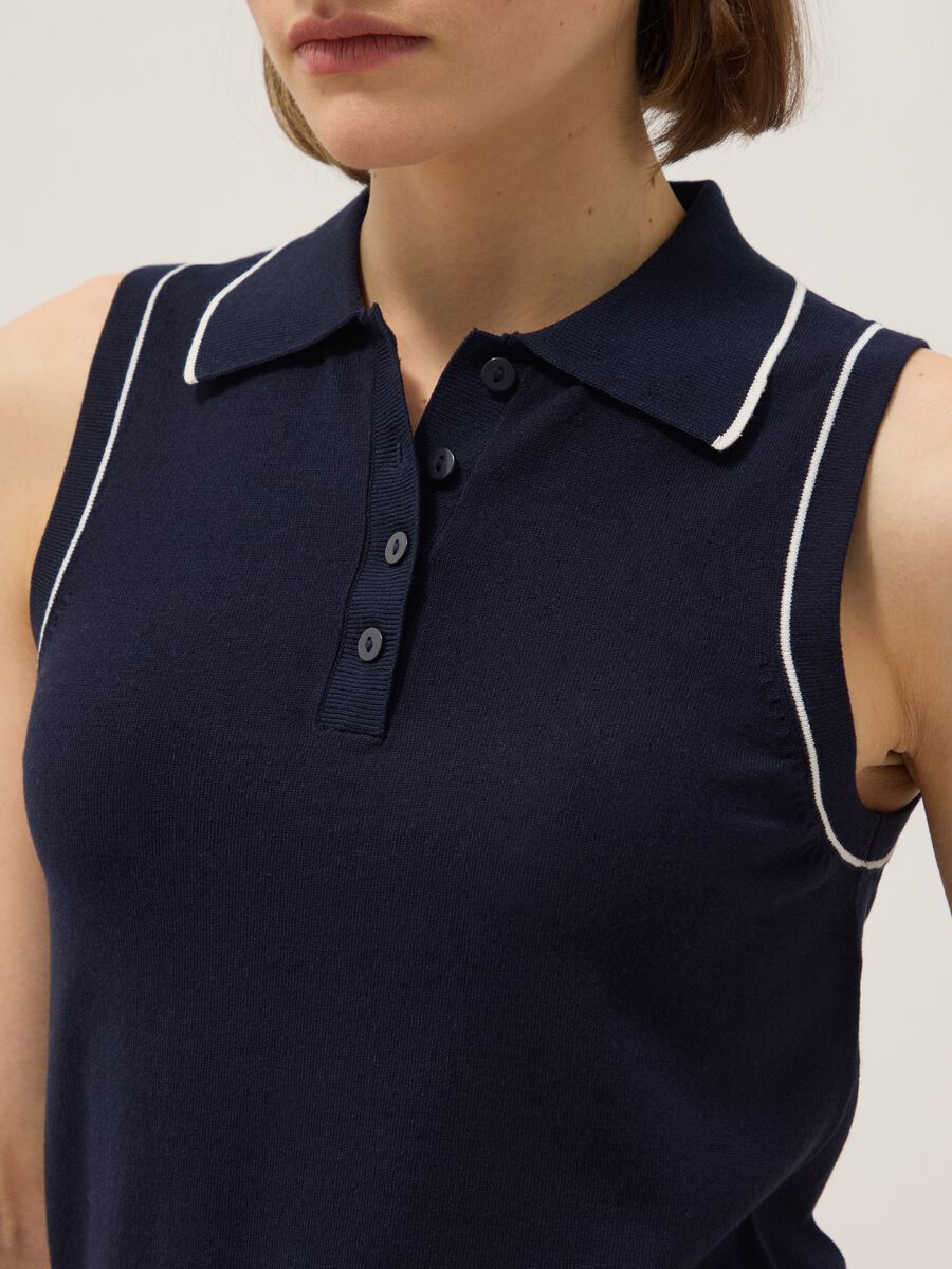 Sleeveless blue viscose blend slim fit polo with buttons_3