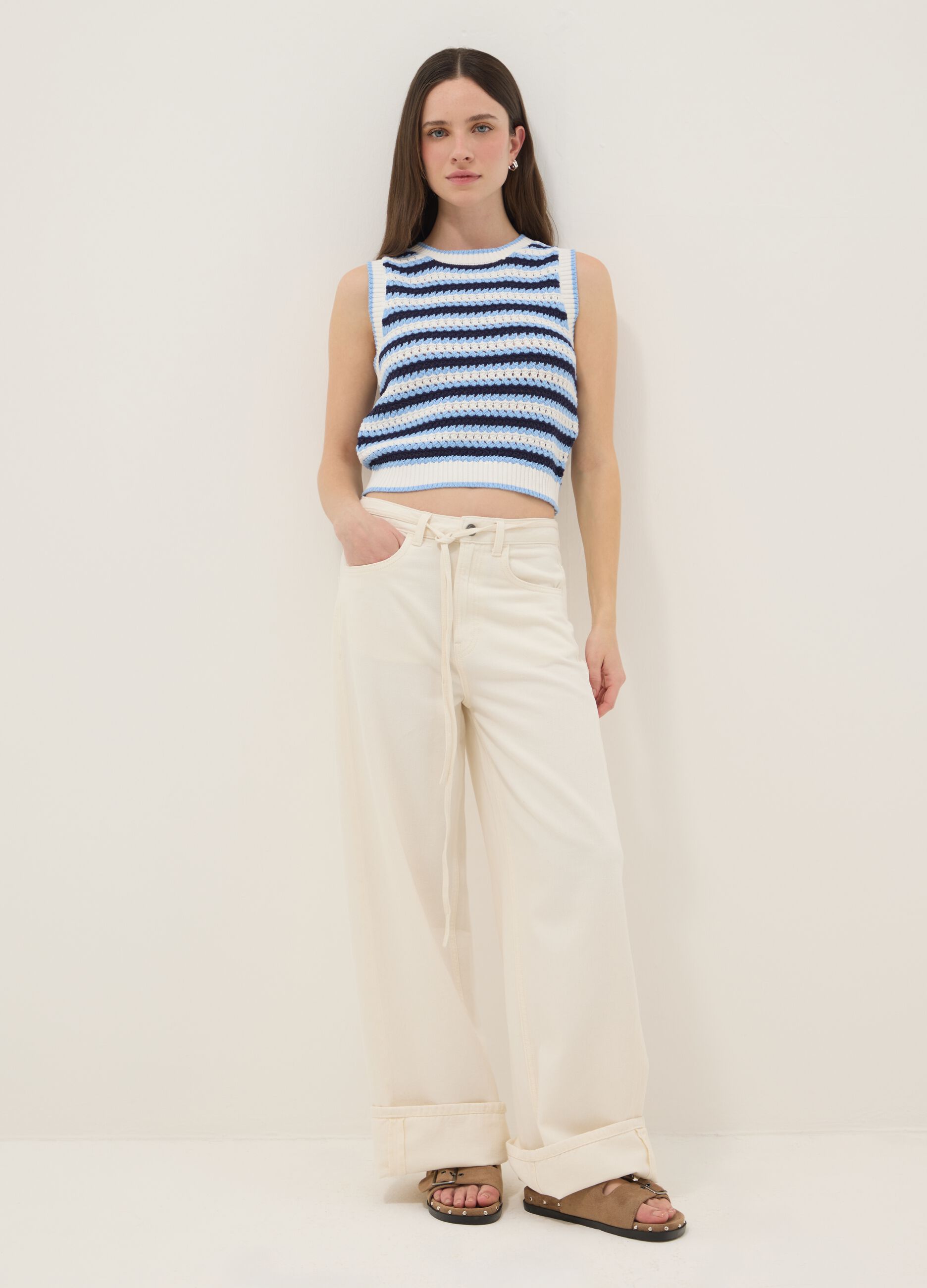 Multicolour striped pure cotton tank top, regular fit