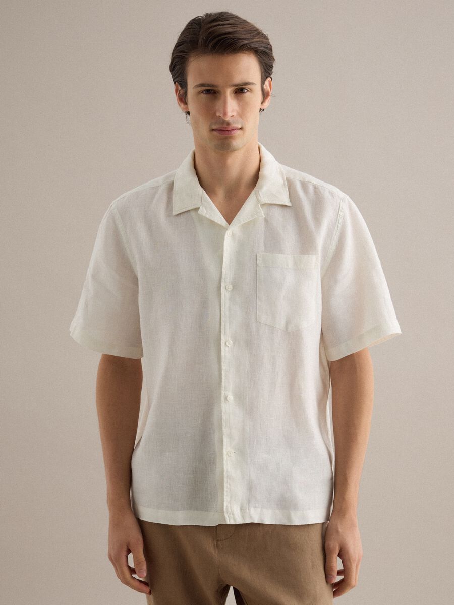 Camicia a maniche corte in puro lino bianca regular fit_0