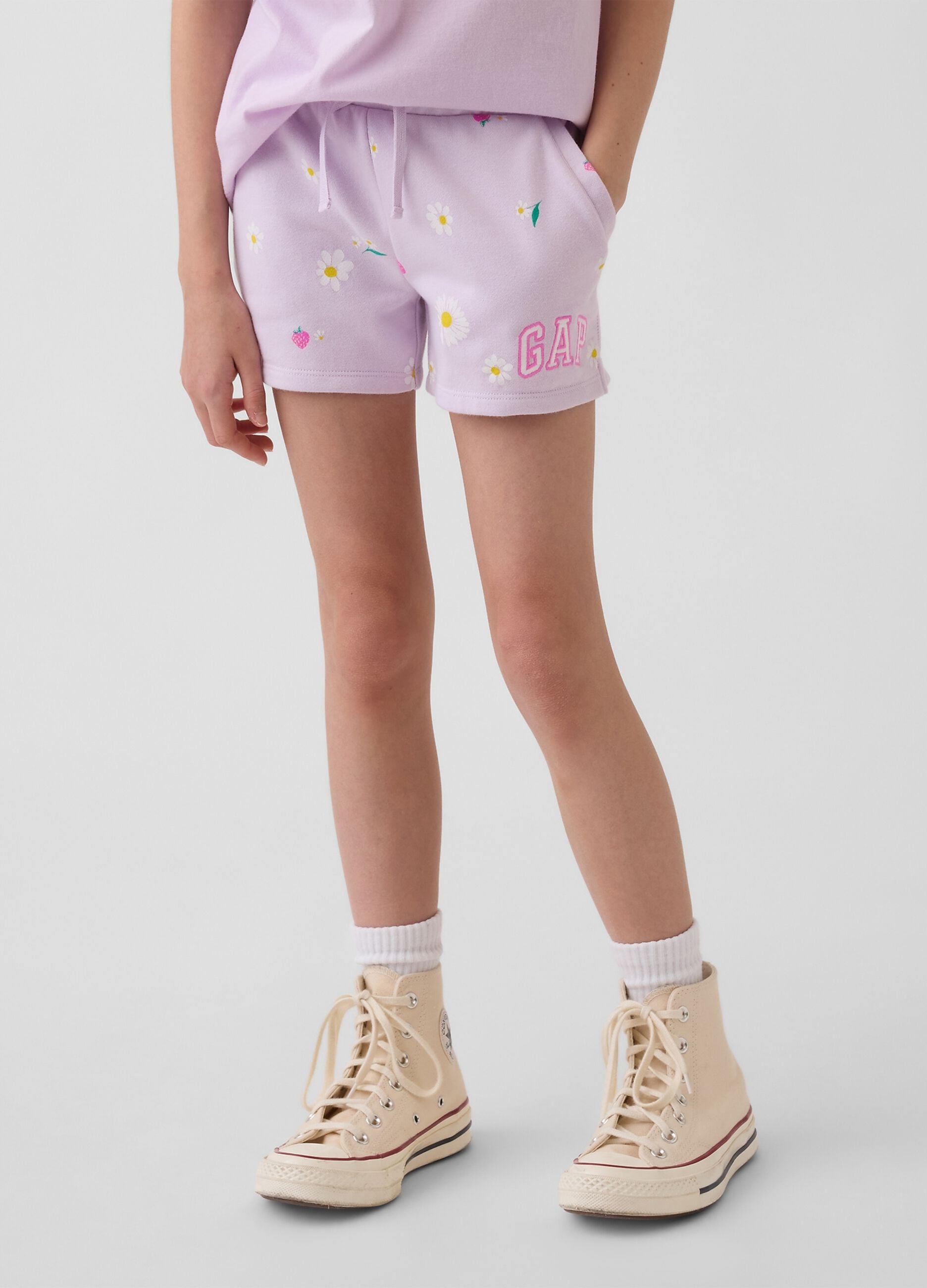 Girls' purple cotton blend shorts with strawberries and flowers