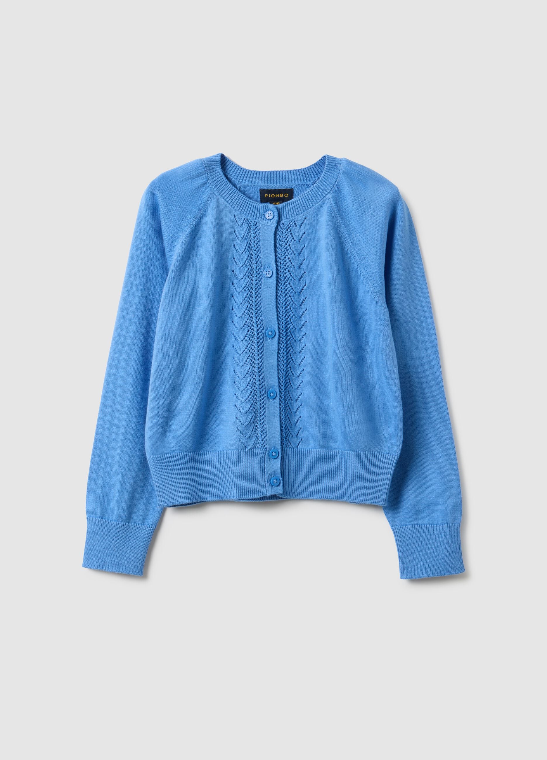 Girls' Regular Fit Blue Pure Cotton Cardigan with Cable Knit