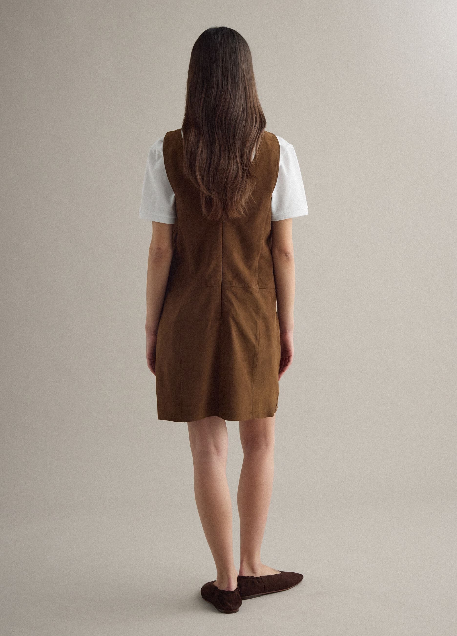 Sleeveless brown dress in genuine leather