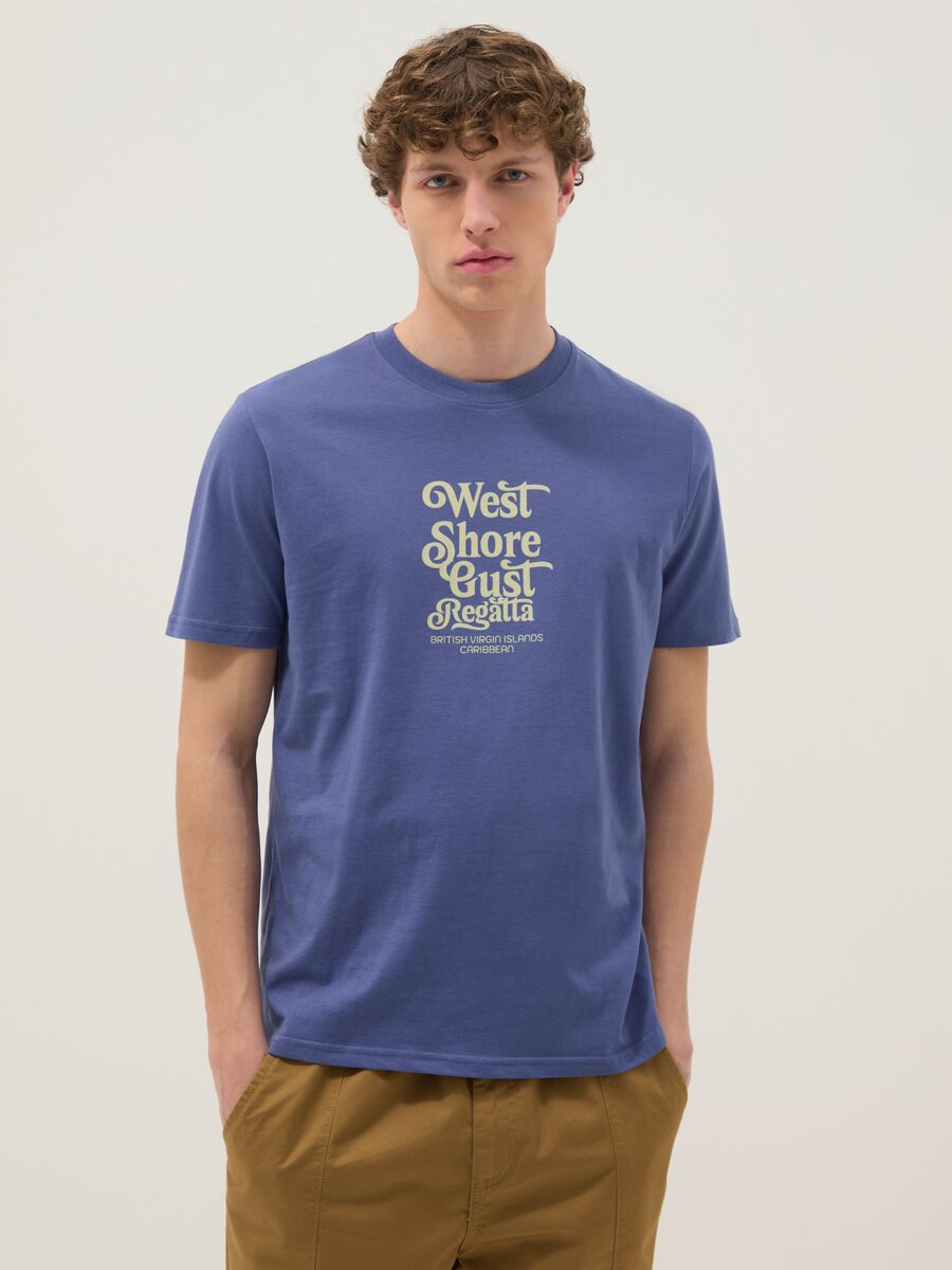 Blue short-sleeve pure cotton T-shirt with print_0
