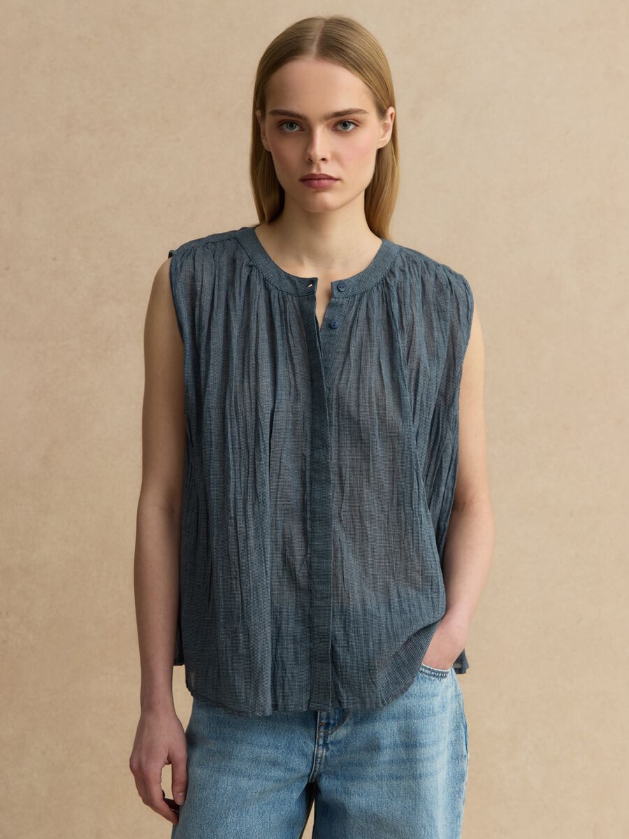 Blue sleeveless pure cotton blouse regular fit_1
