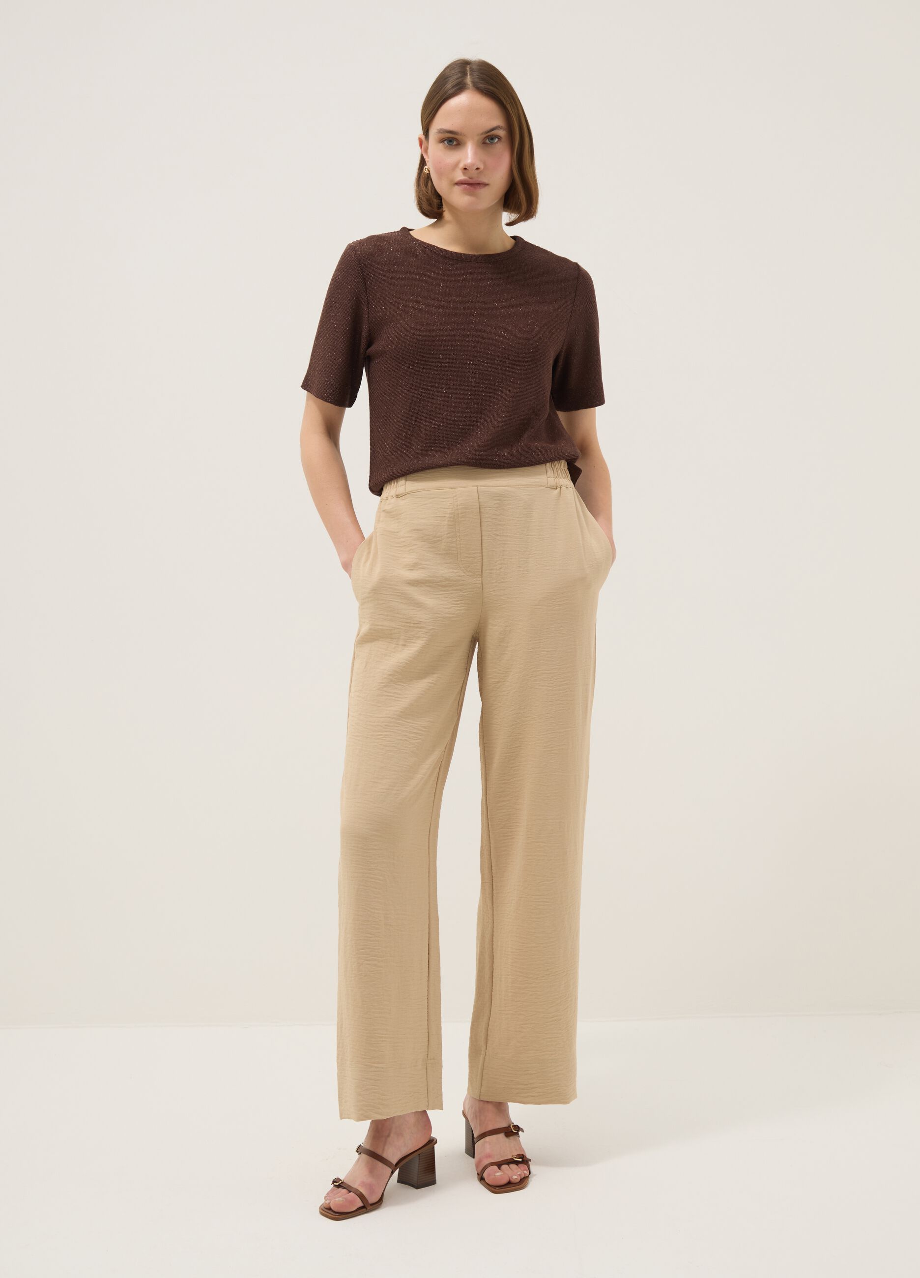 Brown short-sleeve viscose-blend T-shirt, regular fit