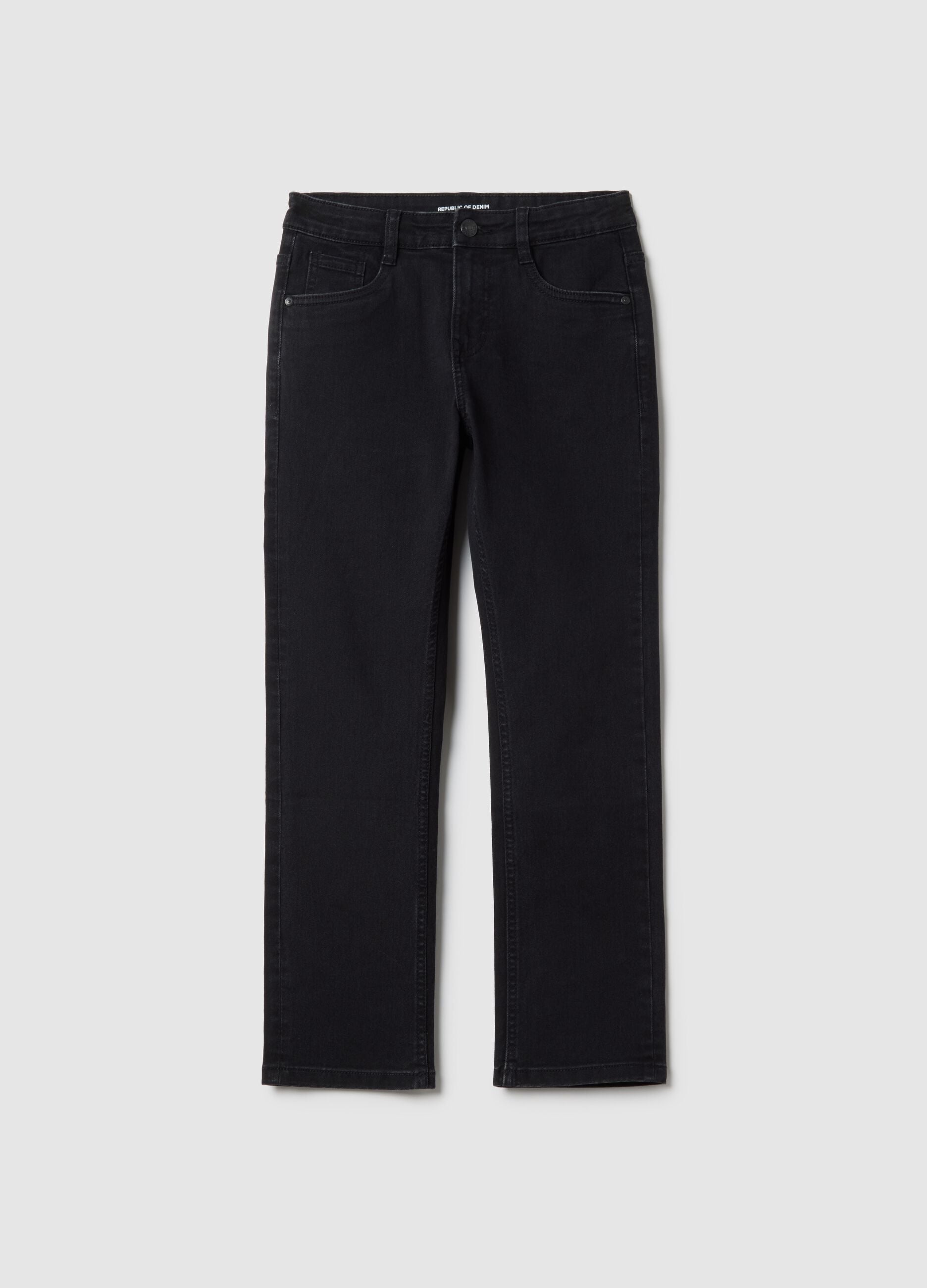Black cotton blend regular fit jeans for boys