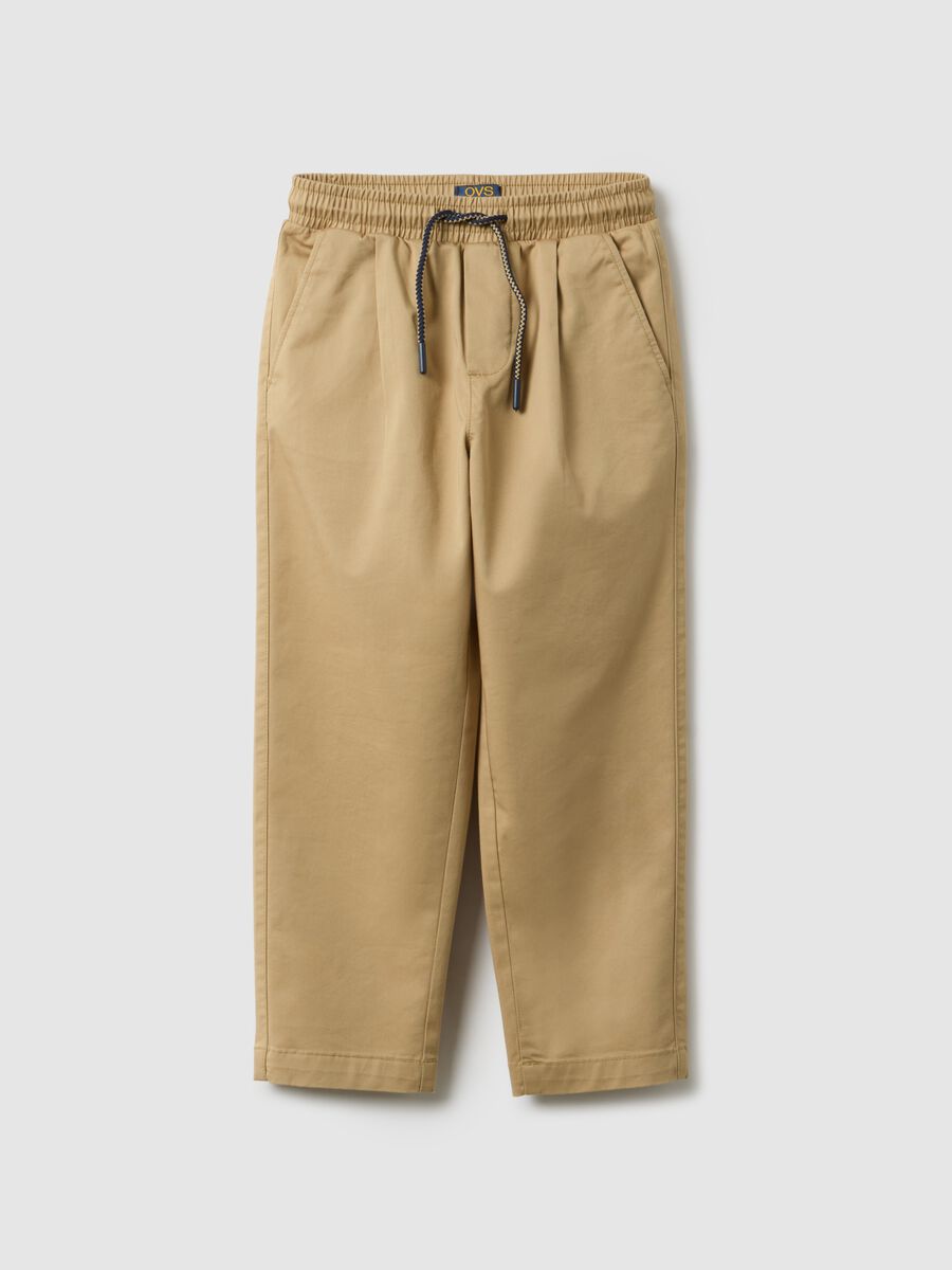 Beige Stretch Cotton Jogger Trousers for Kids_0