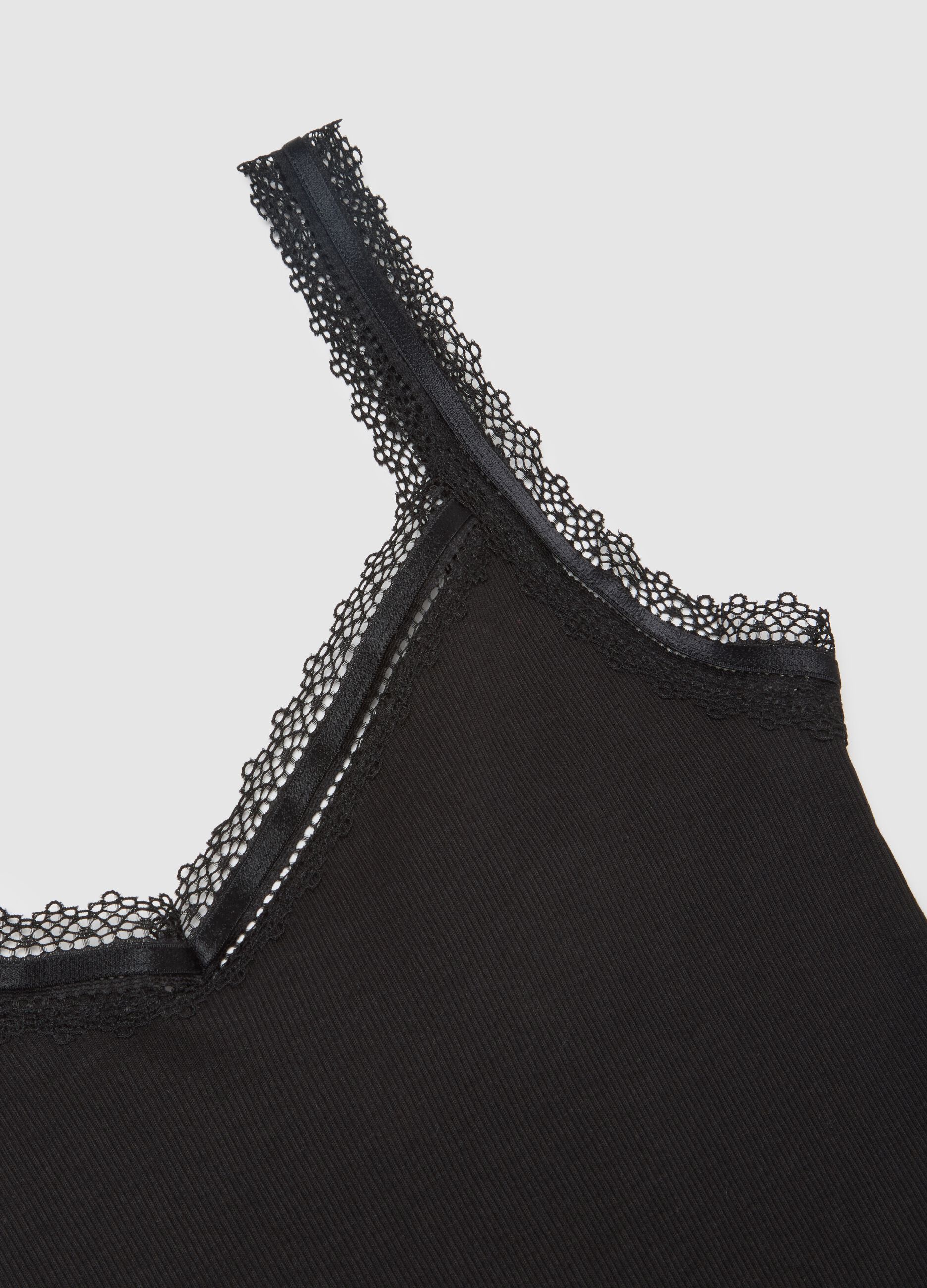 Black pure cotton vest regular fit with lace trim