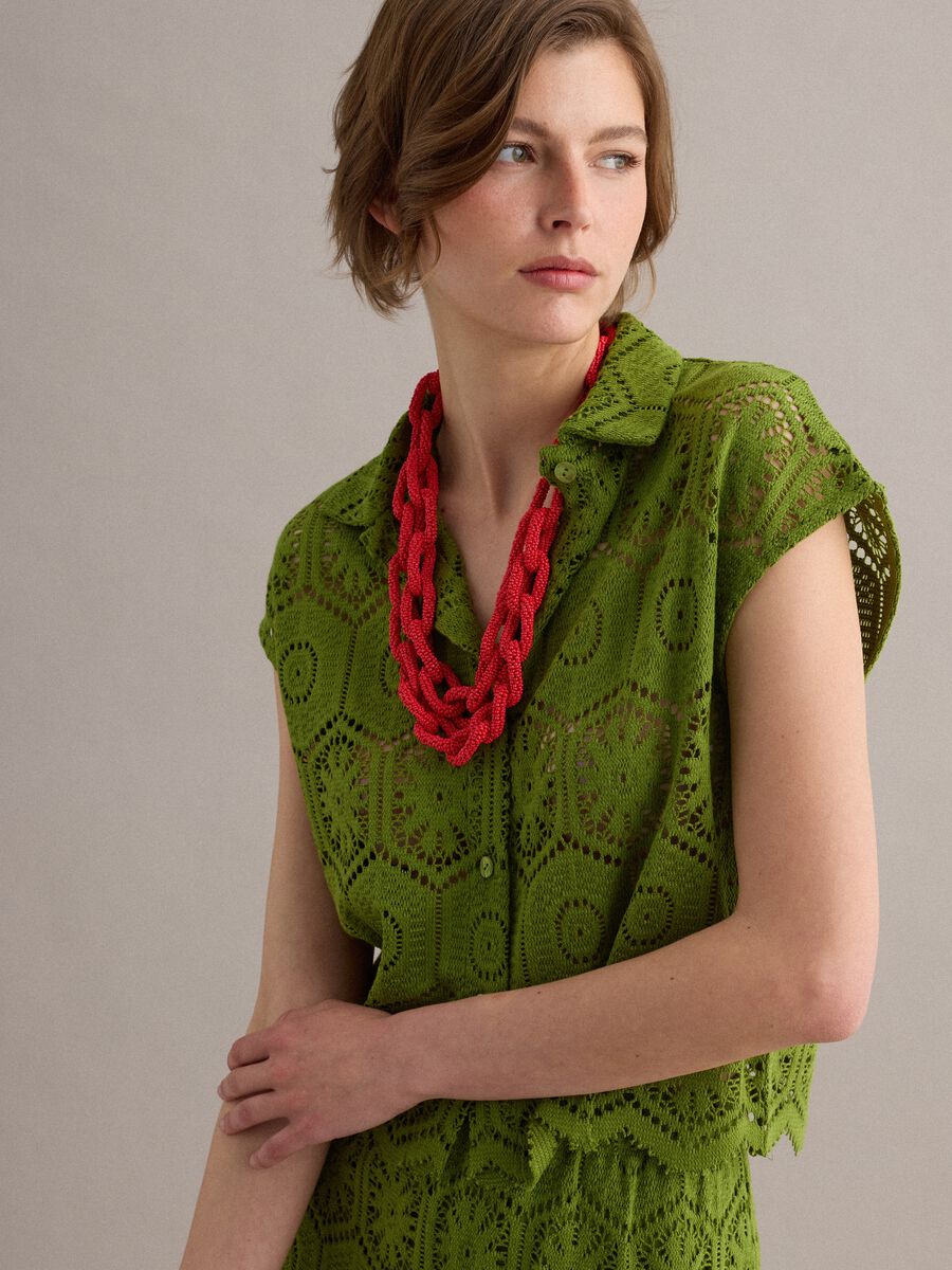 Green crochet polo shirt with classic collar, regular fit_1