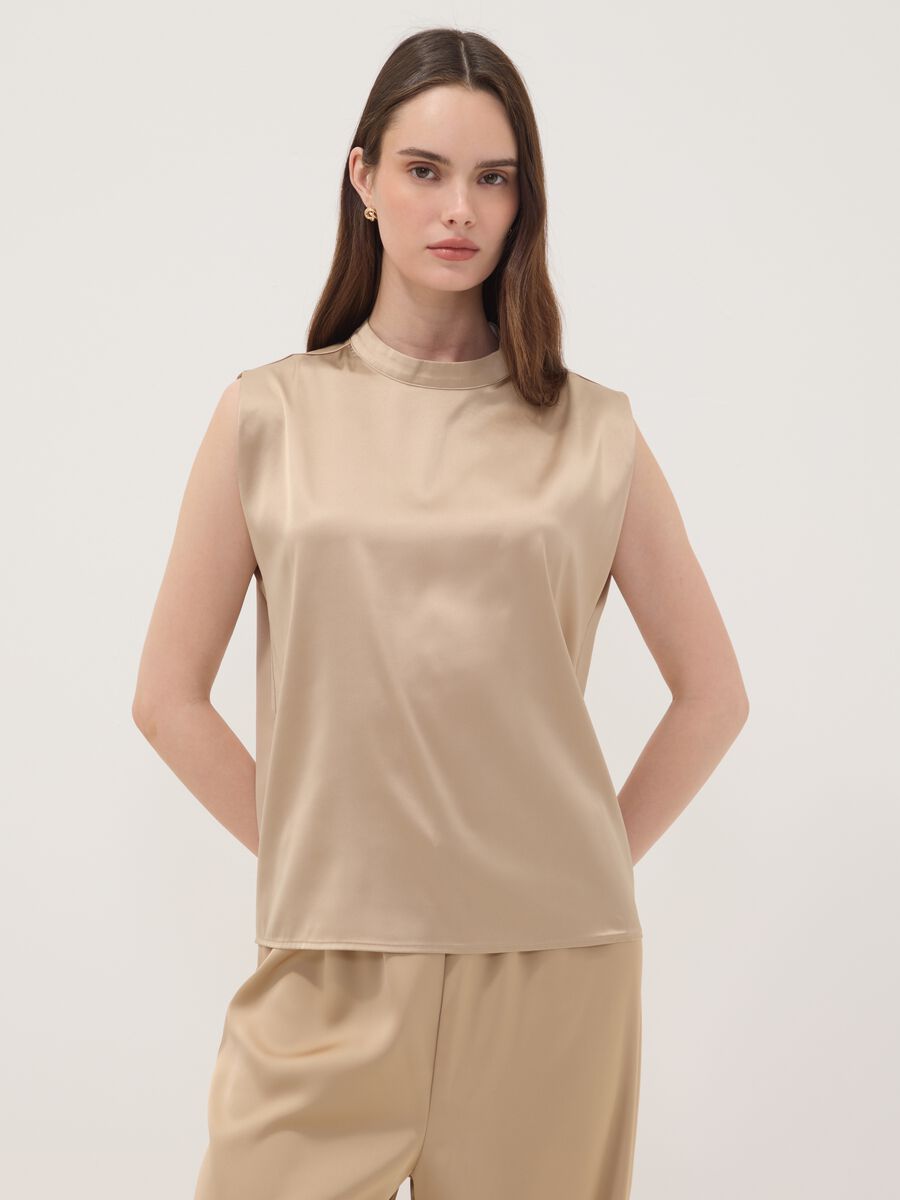 Beige stretch fabric high-neck top_0