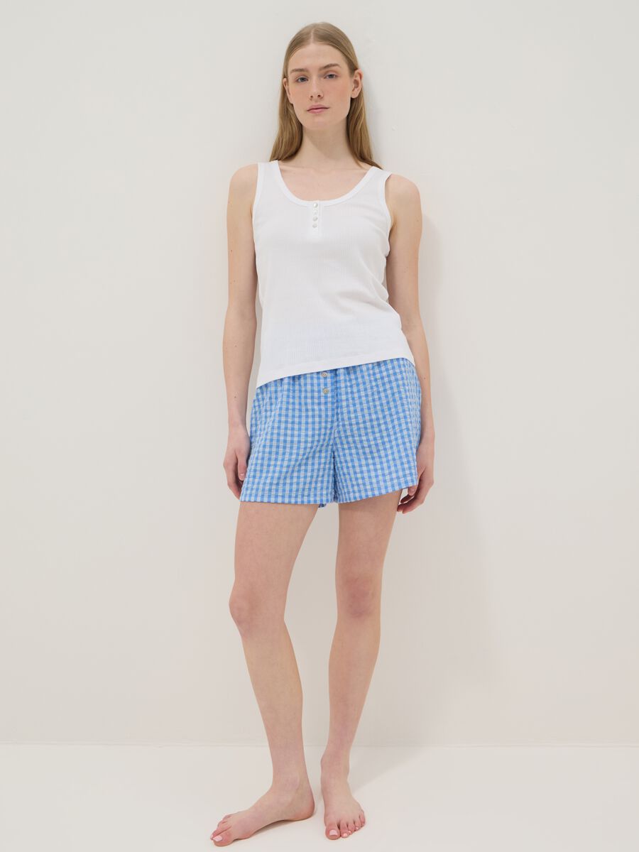 Shorts pigiama in puro cotone a quadri bianchi e azzurri regular fit_0