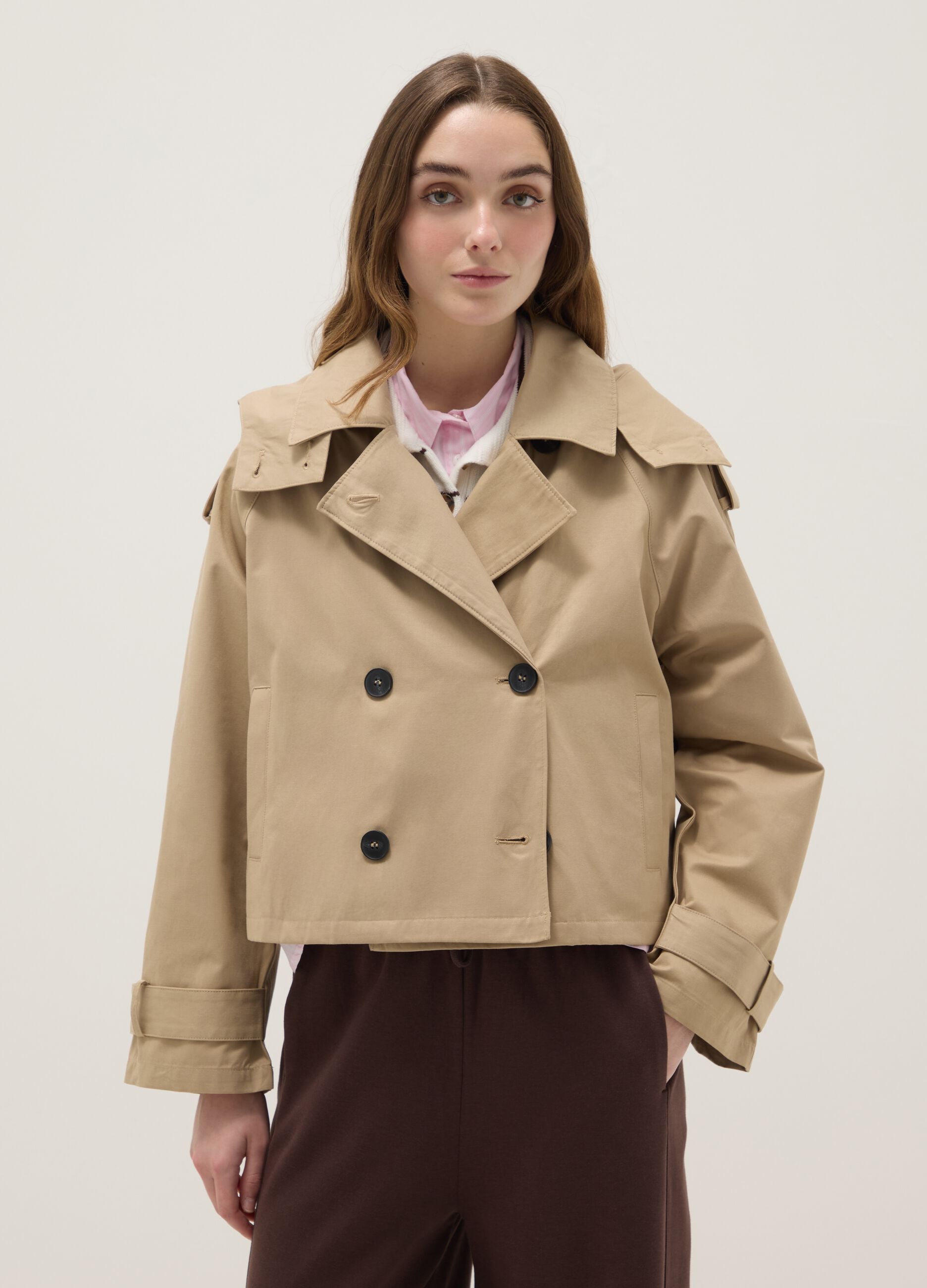 Beige cotton blend regular fit jacket with hood