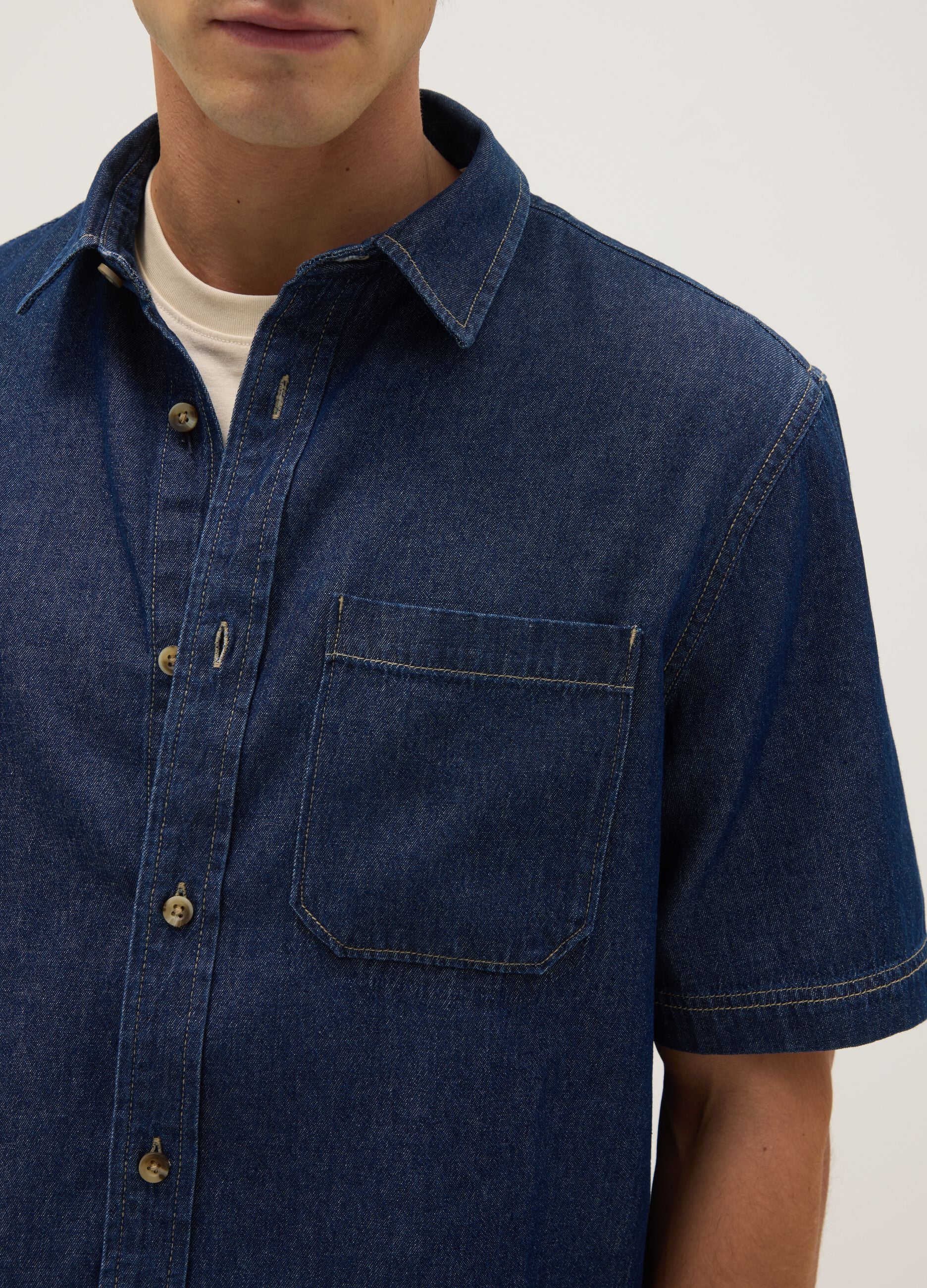 Blue denim pure cotton regular fit shirt with chest pocket