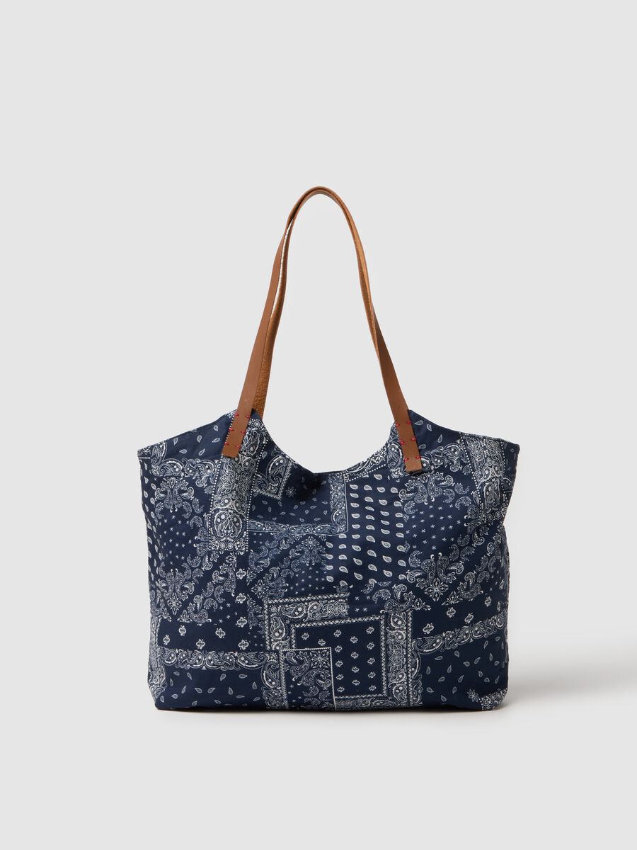 Borsa in puro cotone multicolor con manici e dettagli in stampa_2