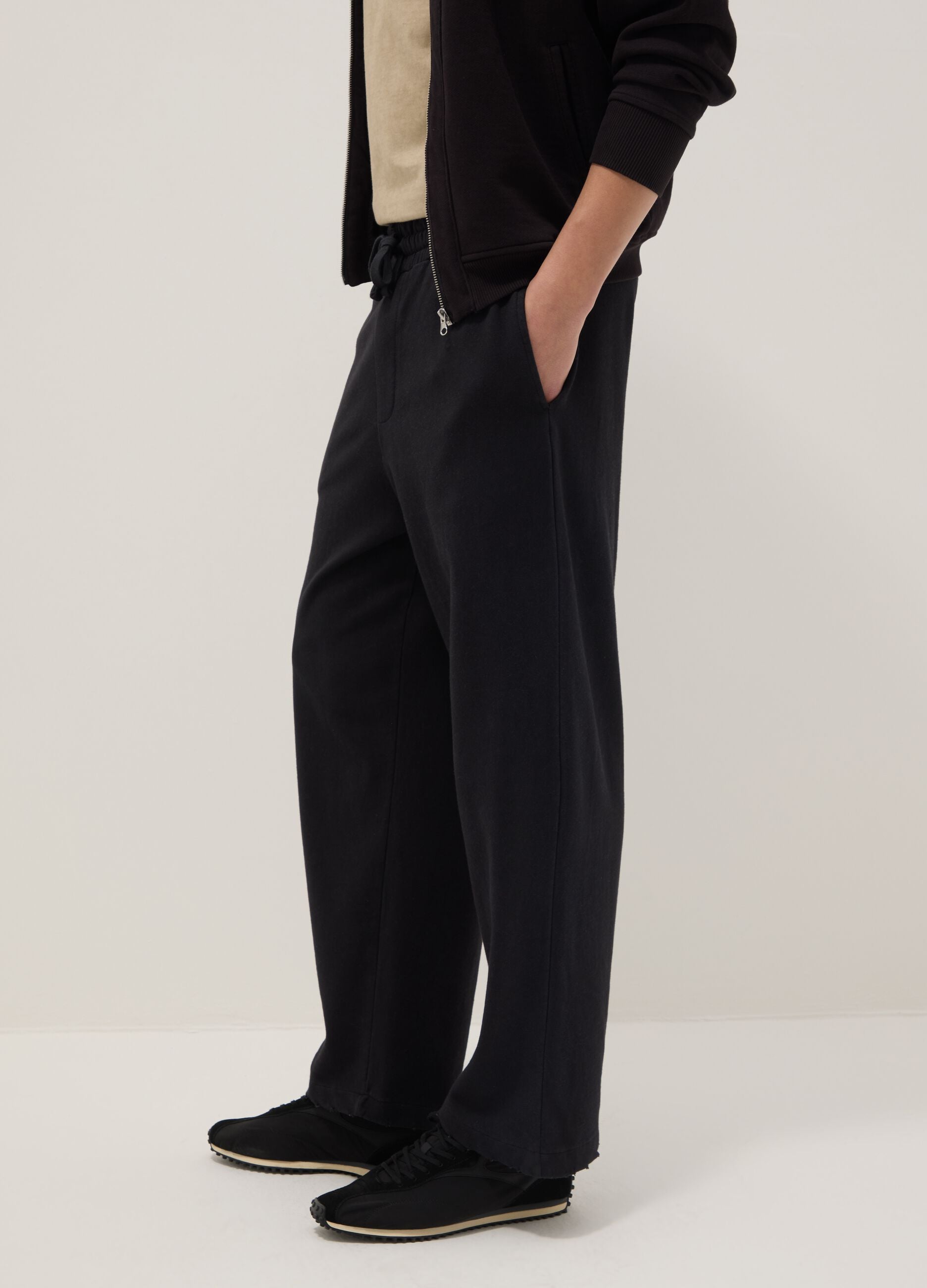 Black cotton blend regular fit trousers