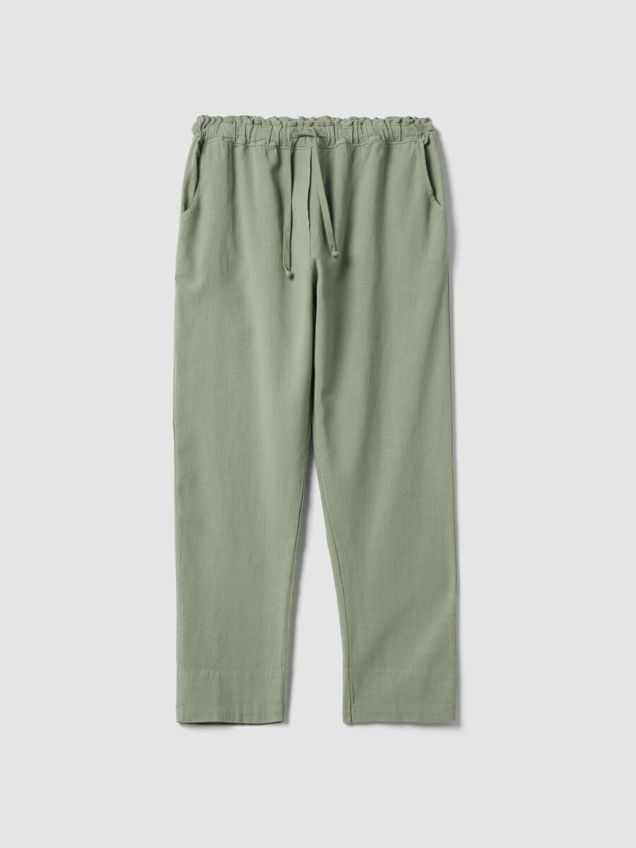 Green linen-cotton blend trousers with elasticated waist_4