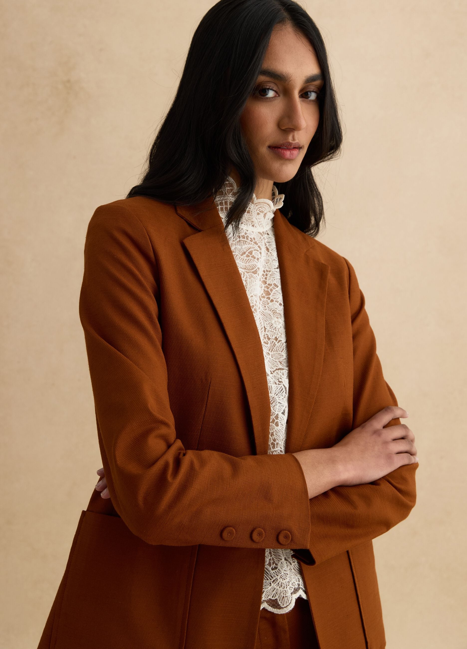 Brown Cotton and Linen Regular Fit Blazer