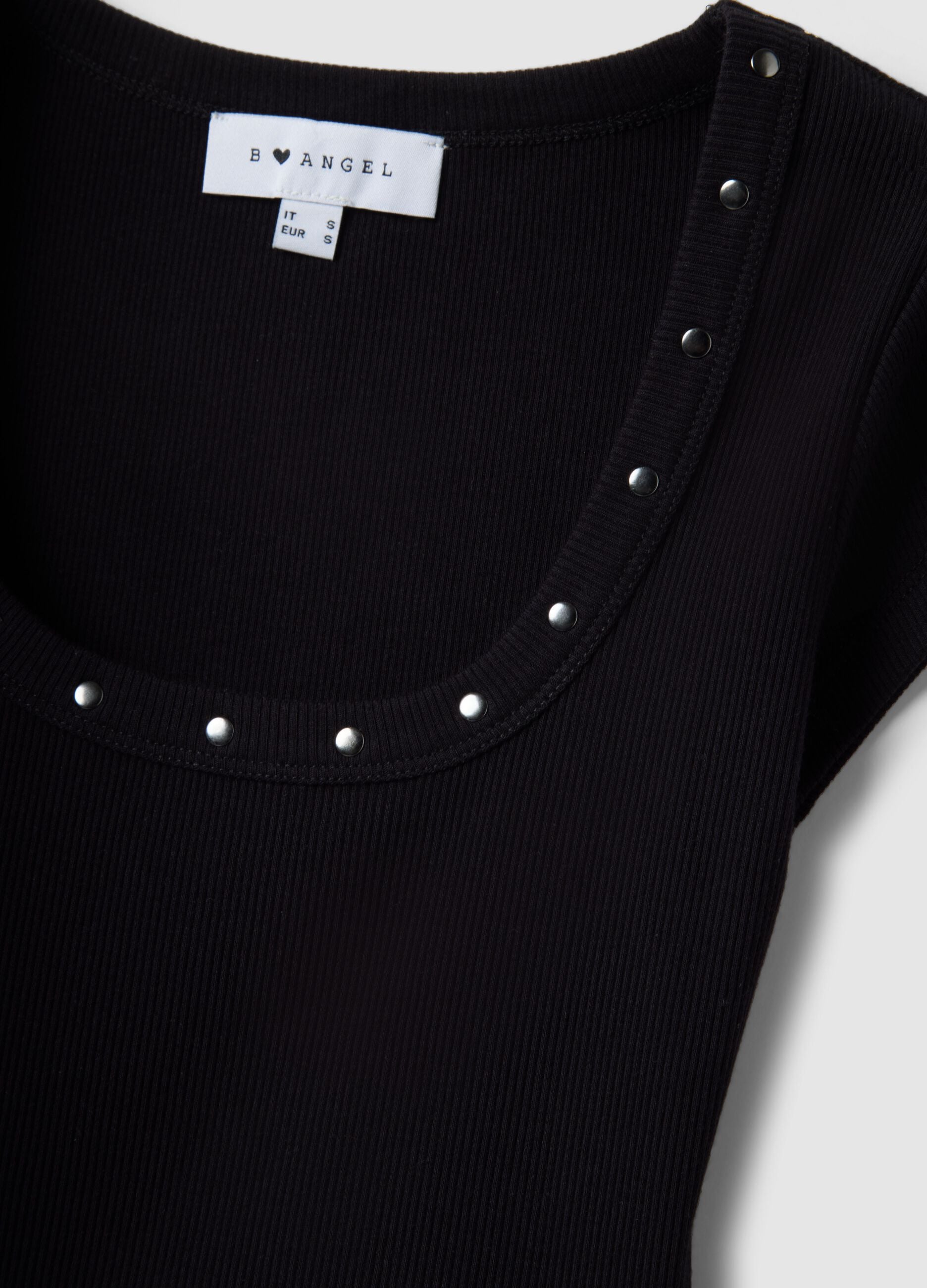 Black slim fit stretch cotton t-shirt with studs on the collar