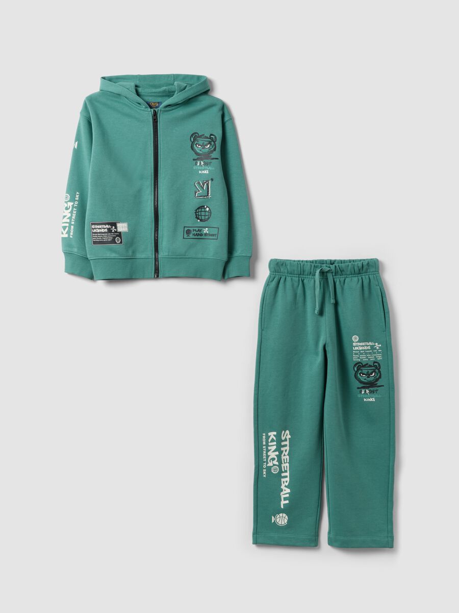 Green cotton-blend jogging set with hooded sweatshirt for boys_0