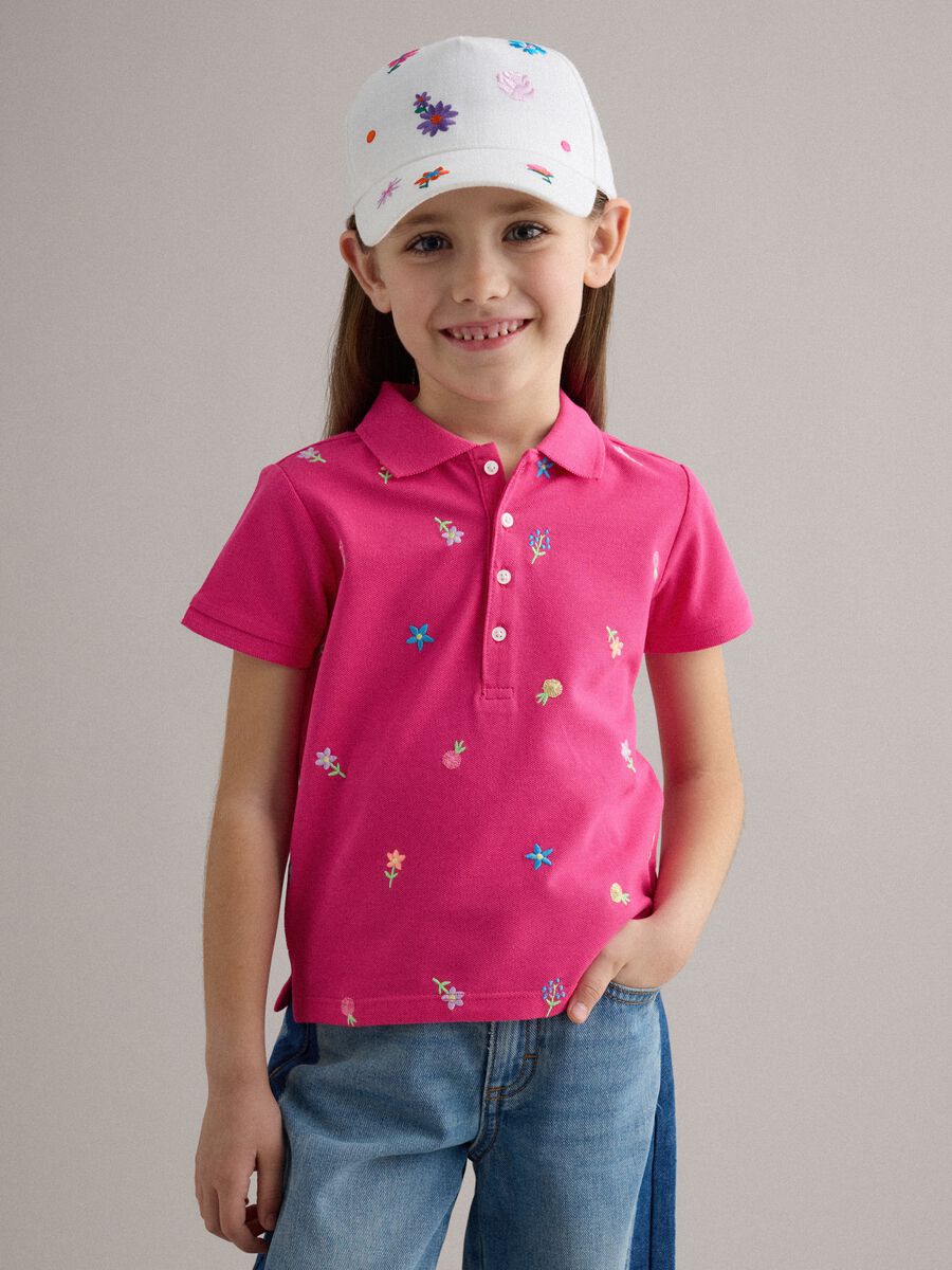 Girls' regular fit pure cotton pink polo with embroidered flowers_0