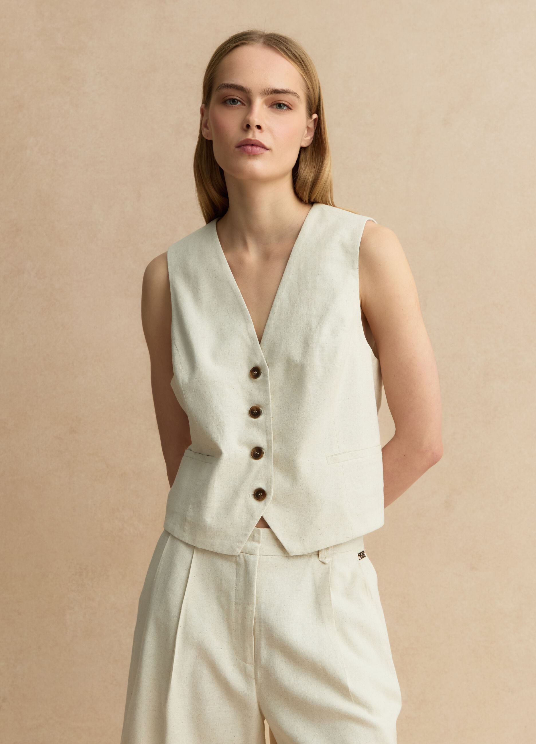 Beige slim fit viscose and linen mix waistcoat