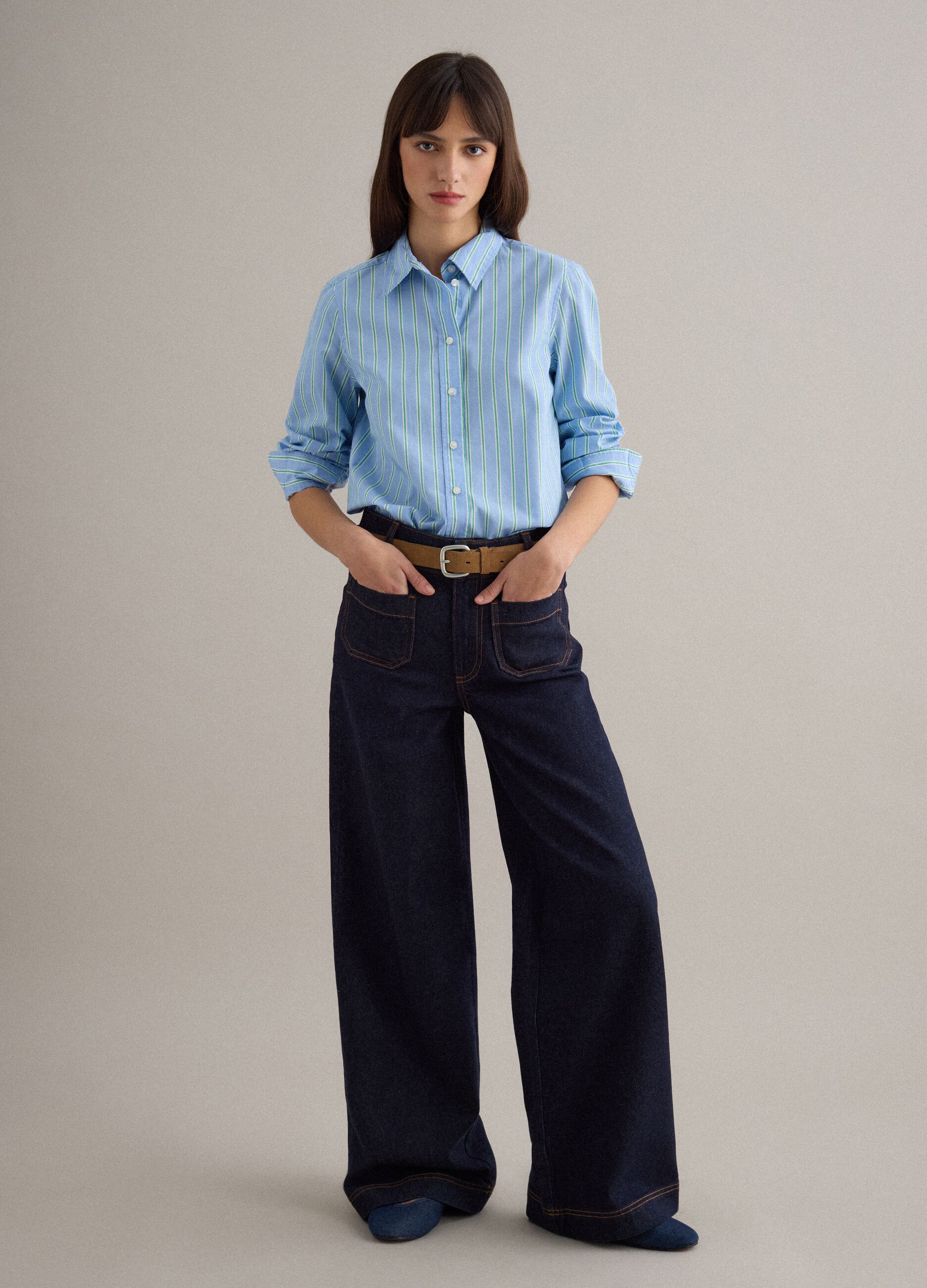 Light blue pure cotton striped shirt with regular fit