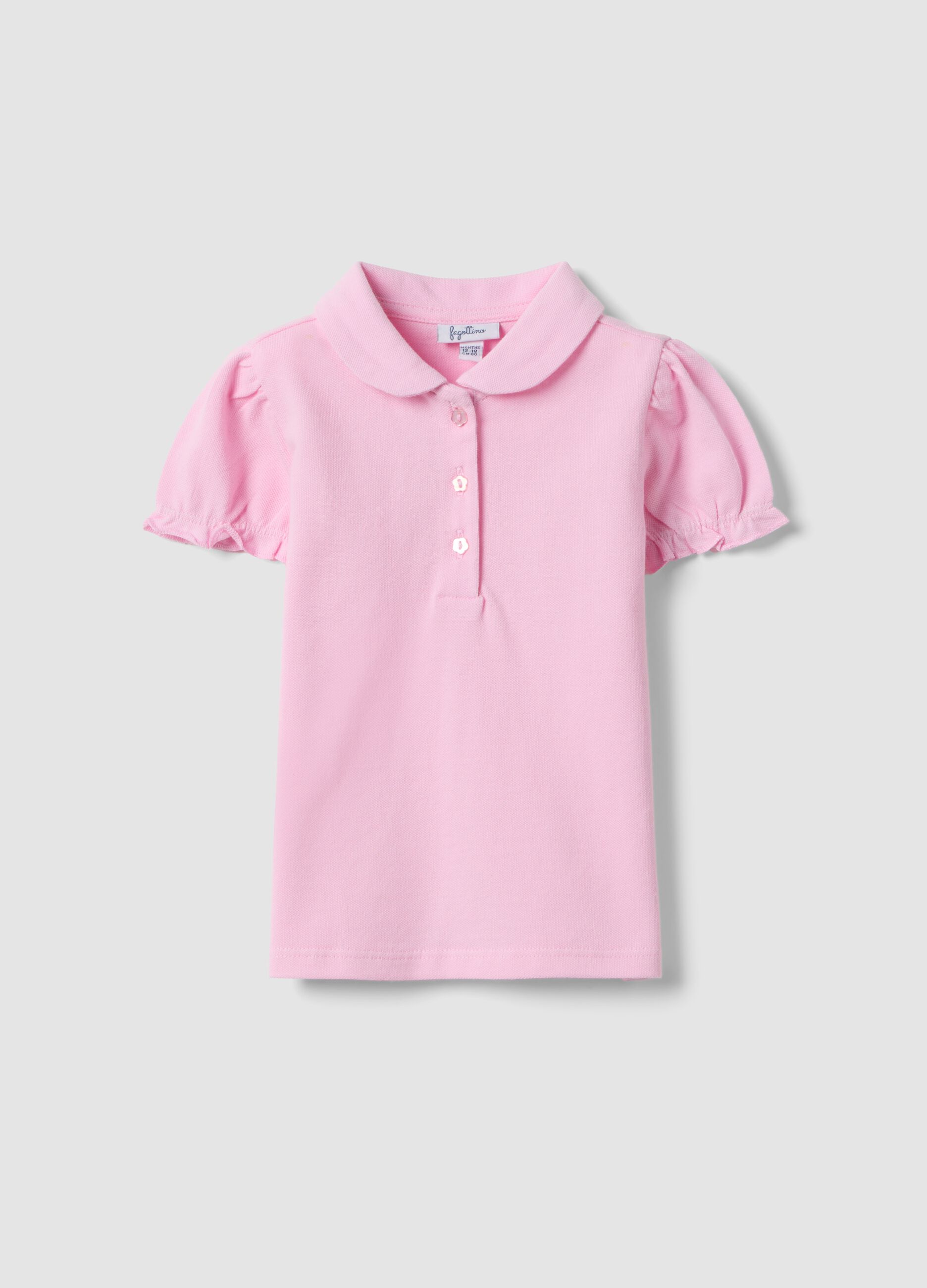 Girls' pink pure cotton polo with regular fit and ruched sleeves