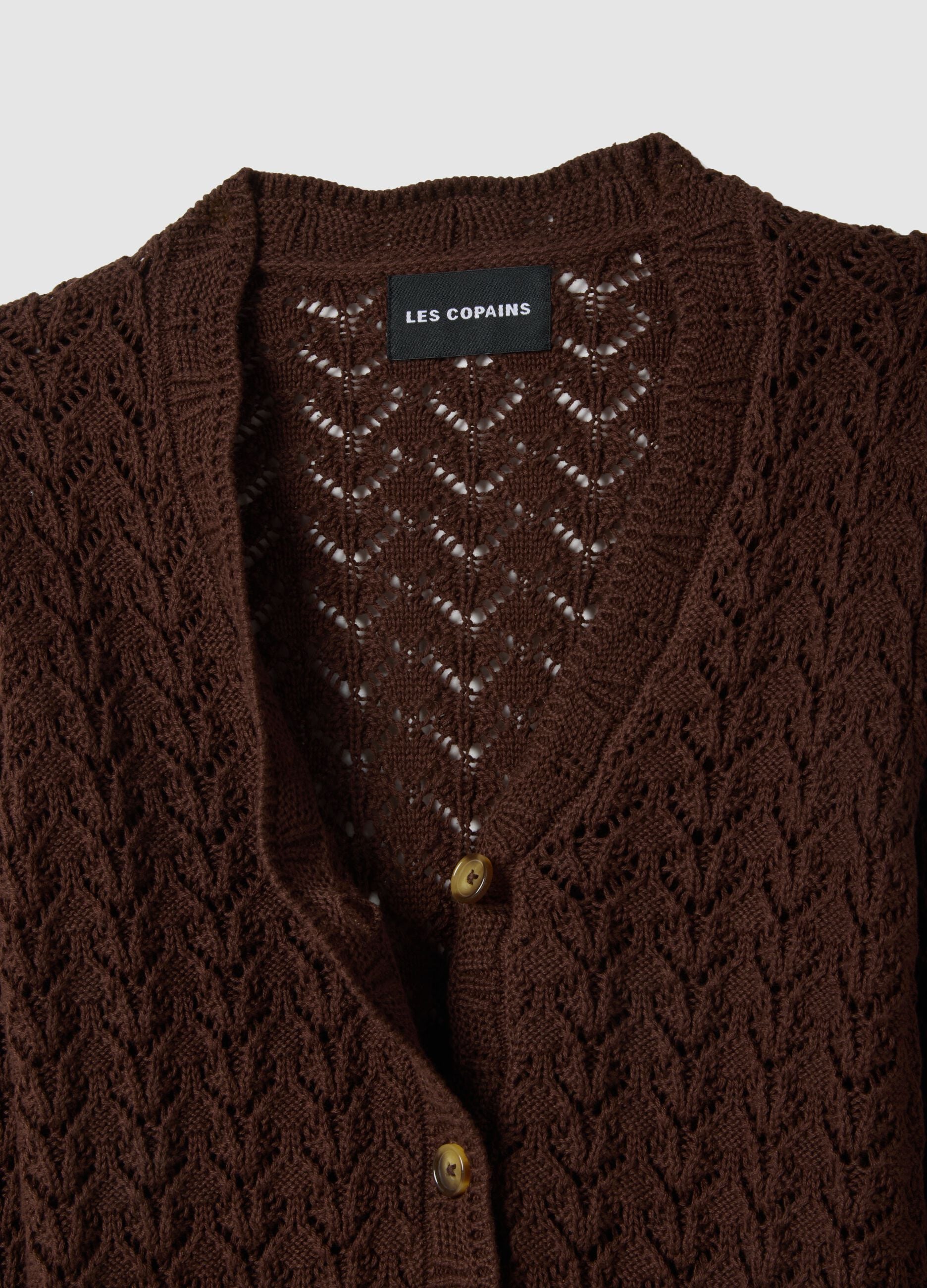 Cardigan marrone deep V in crochet di puro cotone regular fit
