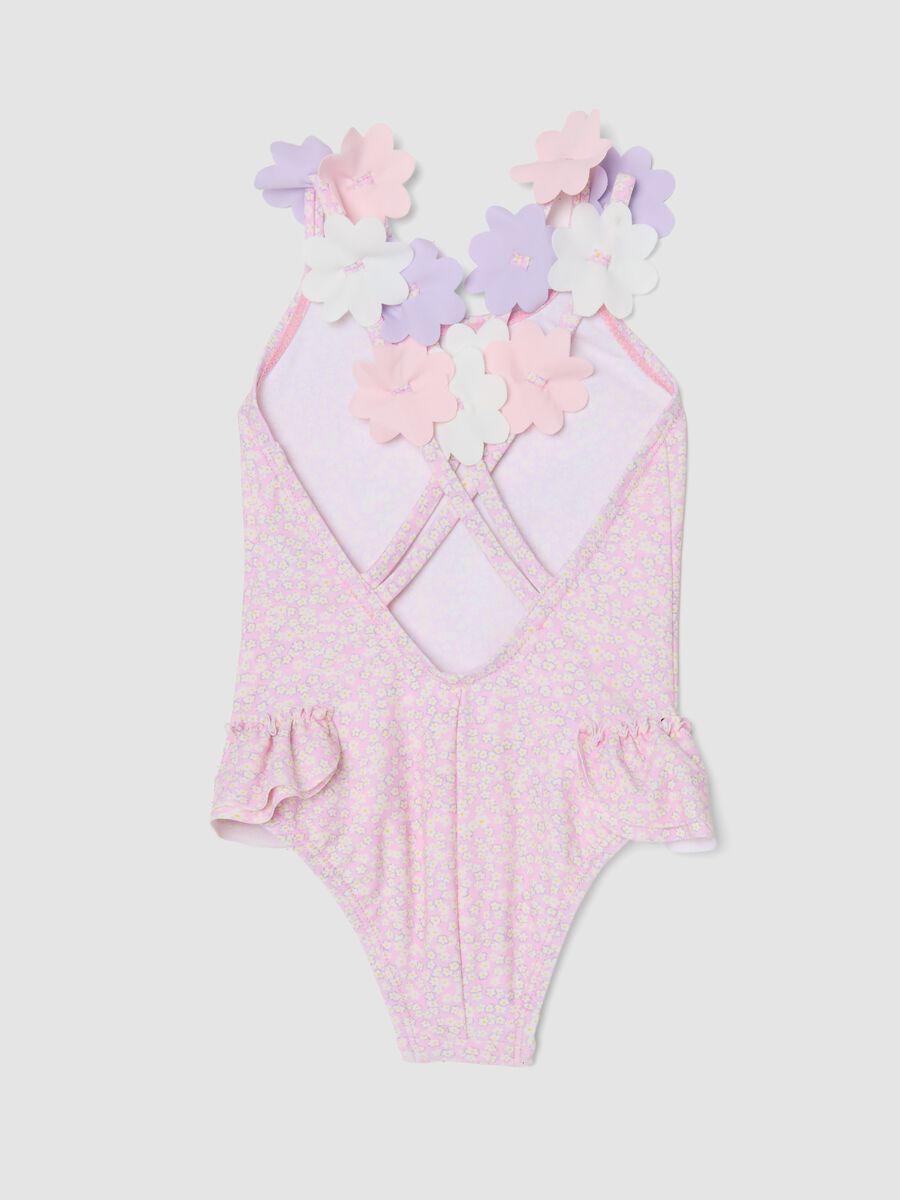 Pink stretchy one-piece swimsuit with appliqu&eacute; flowers for girls_1